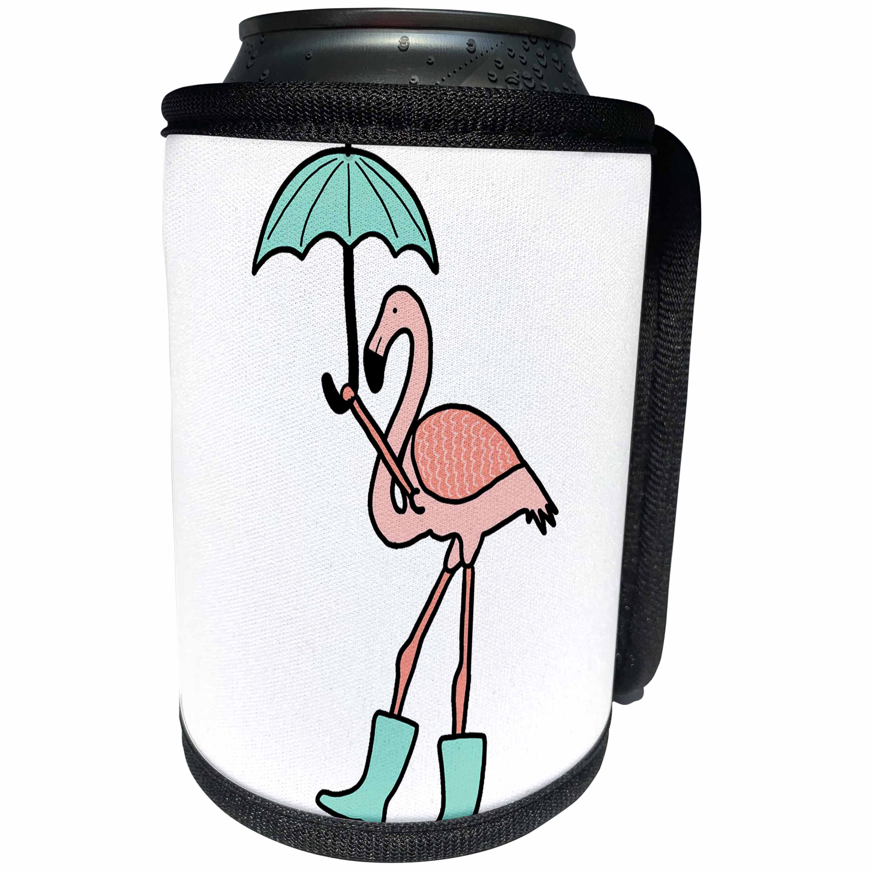 3dRose AllSouthernDesignTees - Birds - Funky cute pink flamingo holding an umbrella and wearing rain boots - Can Cooler Bottle Wrap (cc_280215)