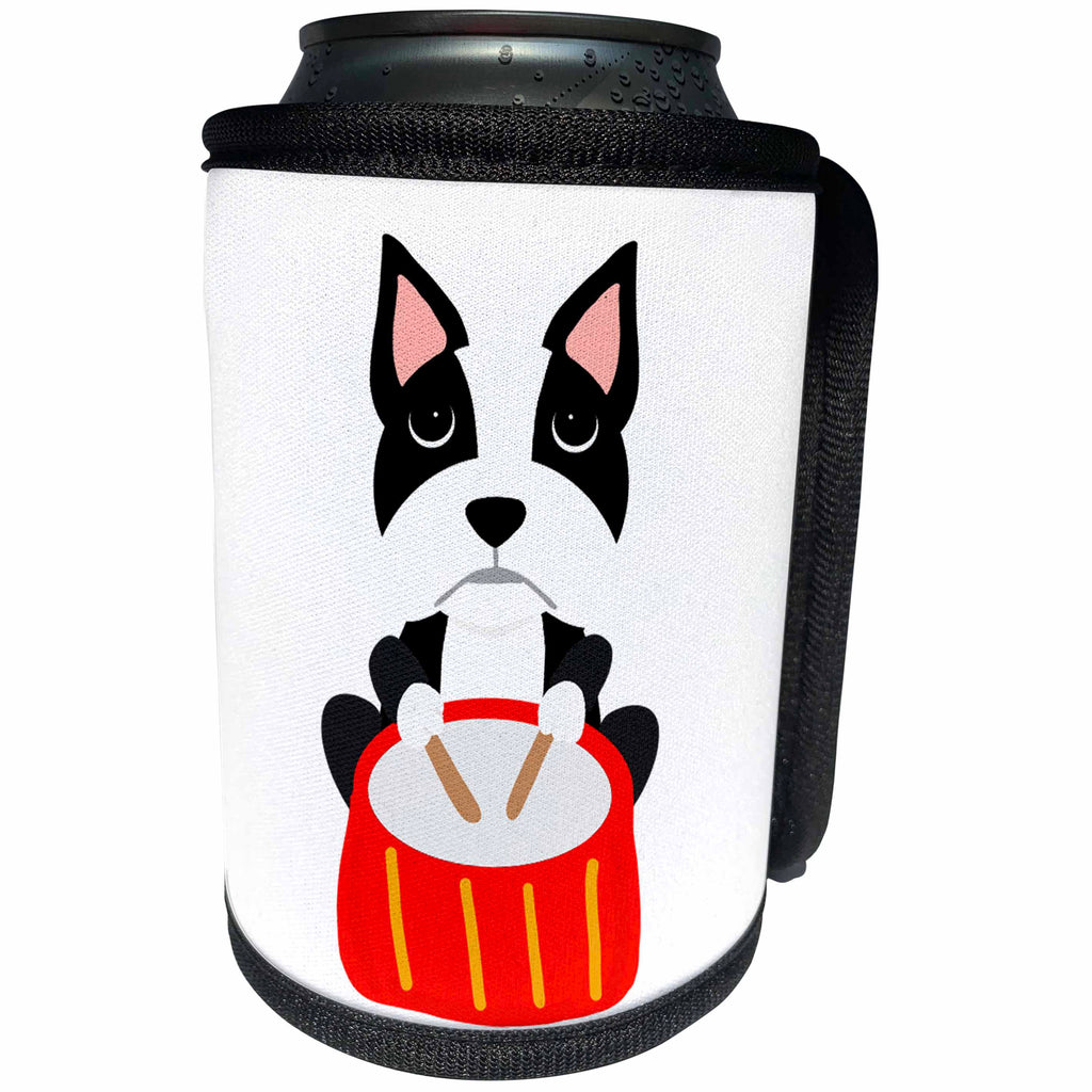 3dRose AllSouthernDesignTees - Music - Adorable funny Boston Terrier dog playing the drums - Can Cooler Bottle Wrap (cc_280217)