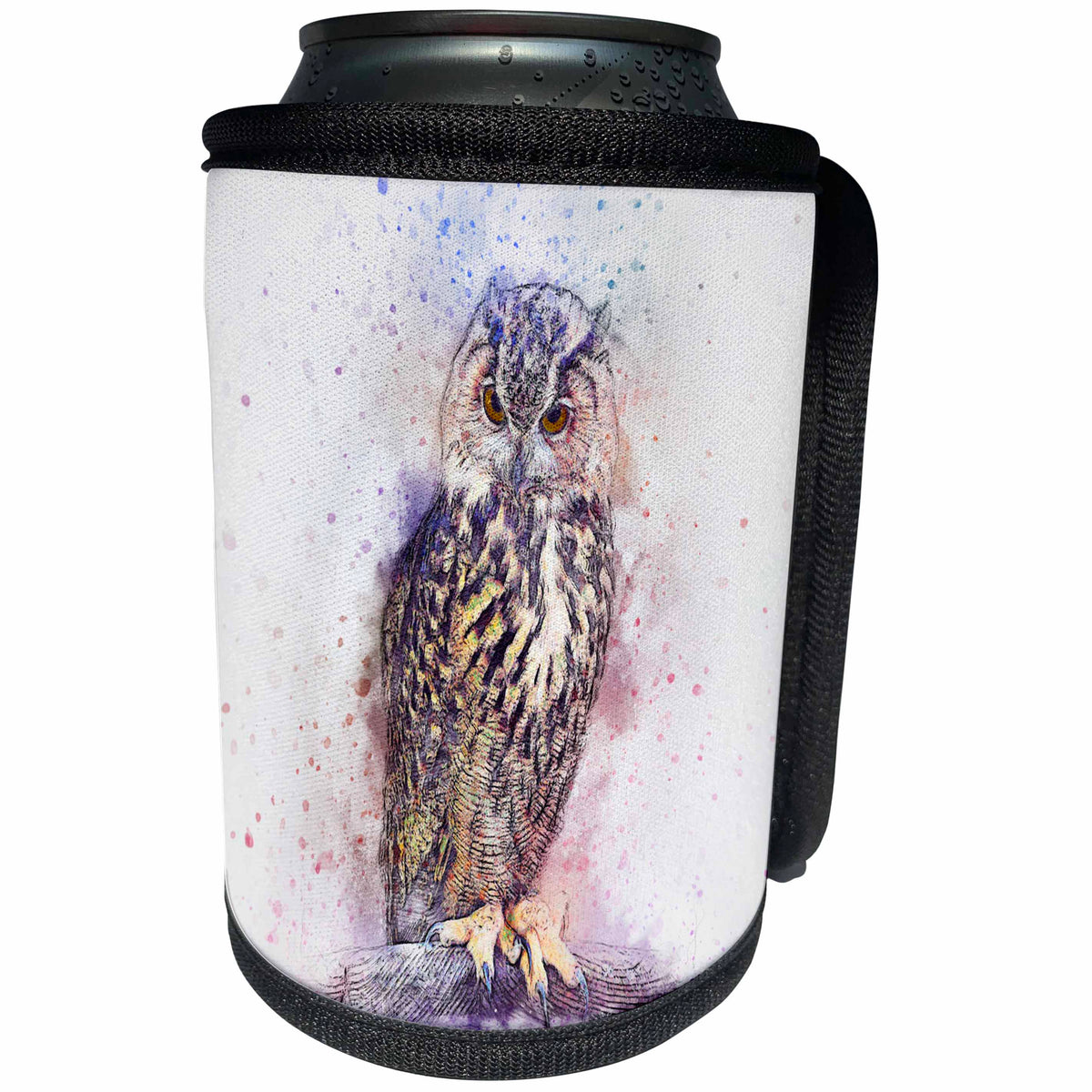 3dRose Sven Herkenrath Animal - Colorful Watercolor Background with Owl Bird Portrait - Can Cooler Bottle Wrap (cc_280253)
