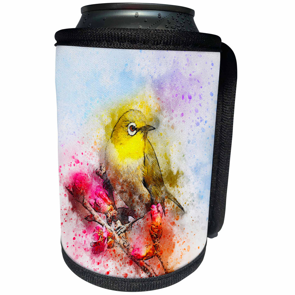 3dRose Sven Herkenrath Animal - Bird Parakeet sitting on a Branch with Watercolor - Can Cooler Bottle Wrap (cc_280254)