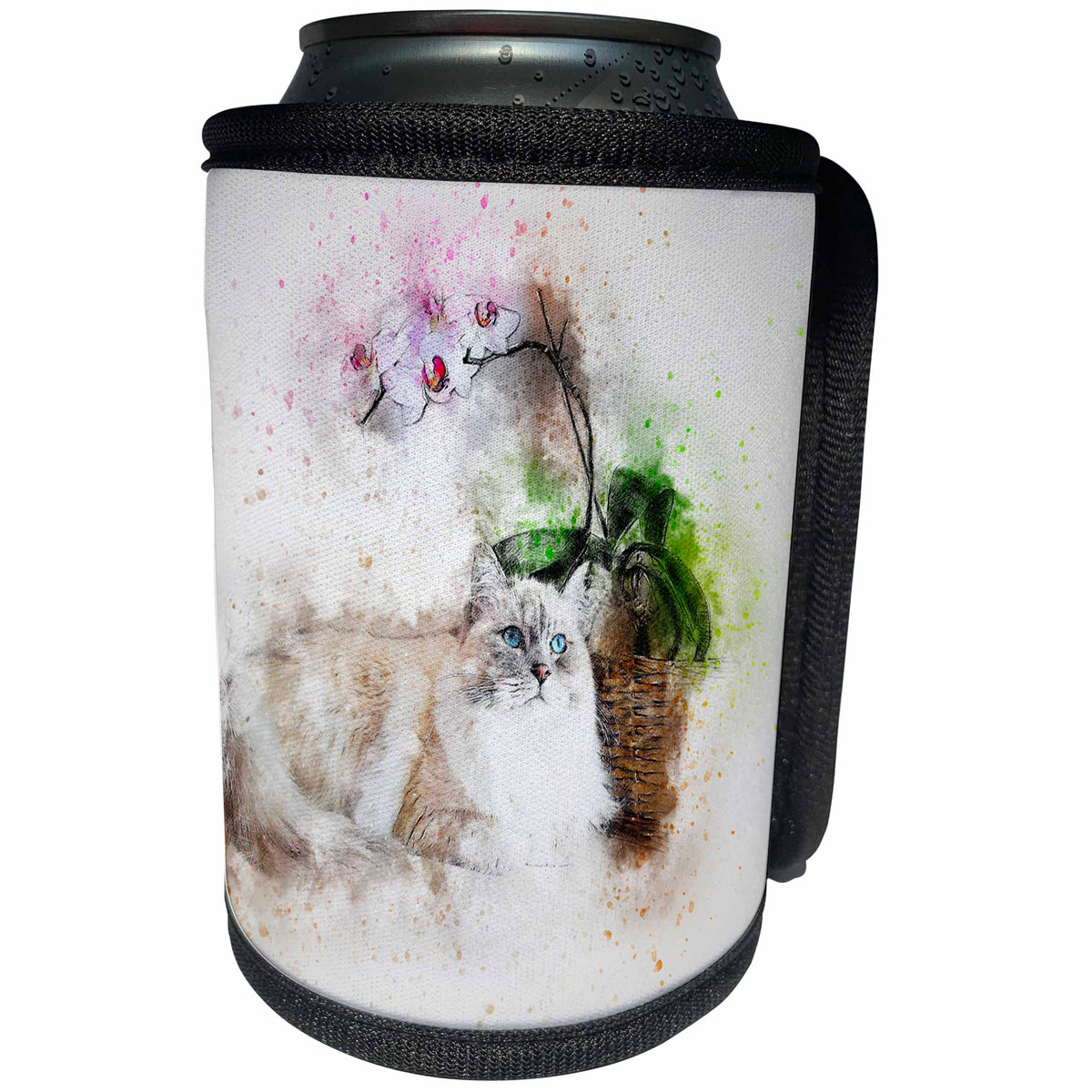 3dRose Sven Herkenrath Animal - Watercolor Design with Cat and Purple Orchid Flower - Can Cooler Bottle Wrap (cc_280268)