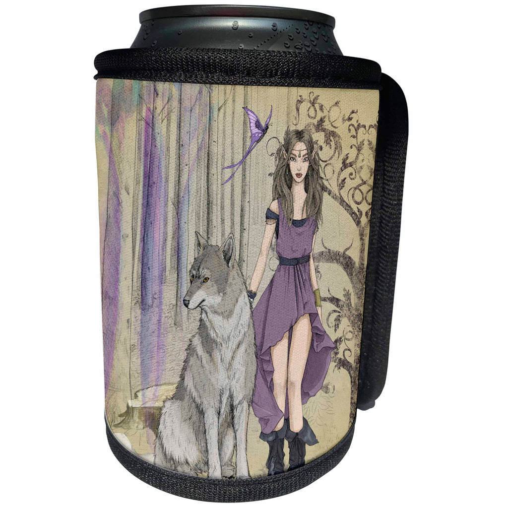 3dRose Sven Herkenrath Fantasy - Fantasy Elf with Wolf Wolves Moon - Can Cooler Bottle Wrap (cc_280305)