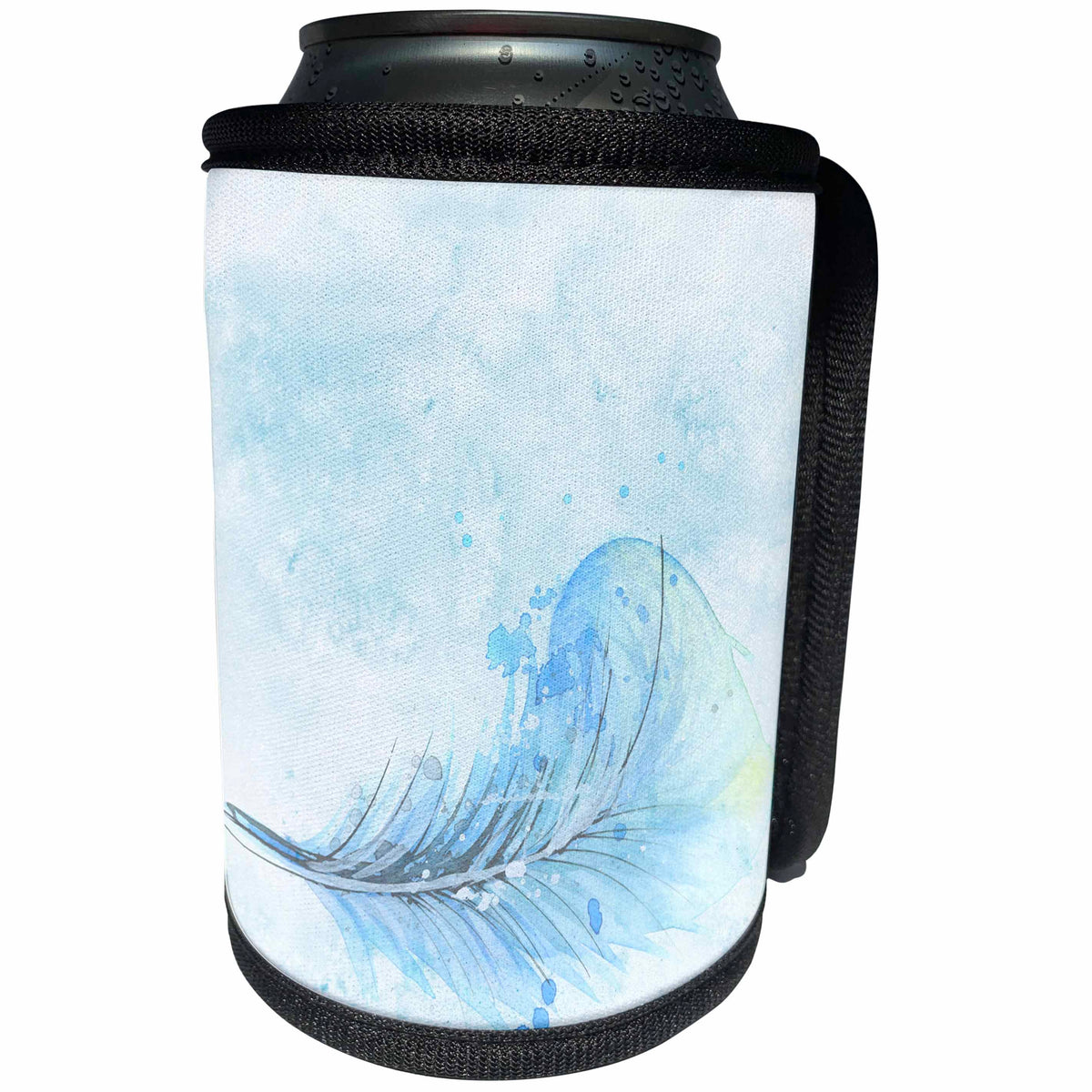 3dRose Sven Herkenrath Nature - Watercolor Design in Blue with Feather Bird - Can Cooler Bottle Wrap (cc_280306)