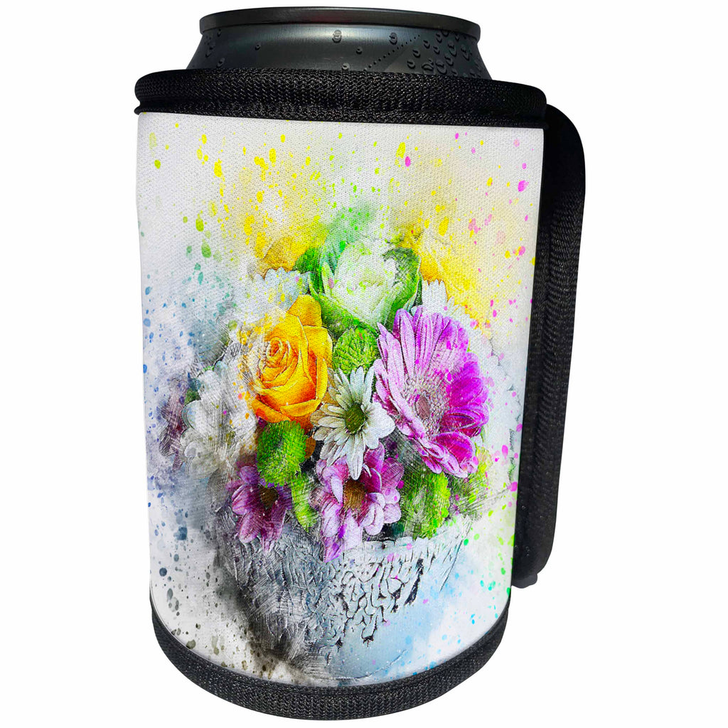 3dRose Sven Herkenrath Nature - Flower Bouquet Blossom with Watercolor Art - Can Cooler Bottle Wrap (cc_280309)