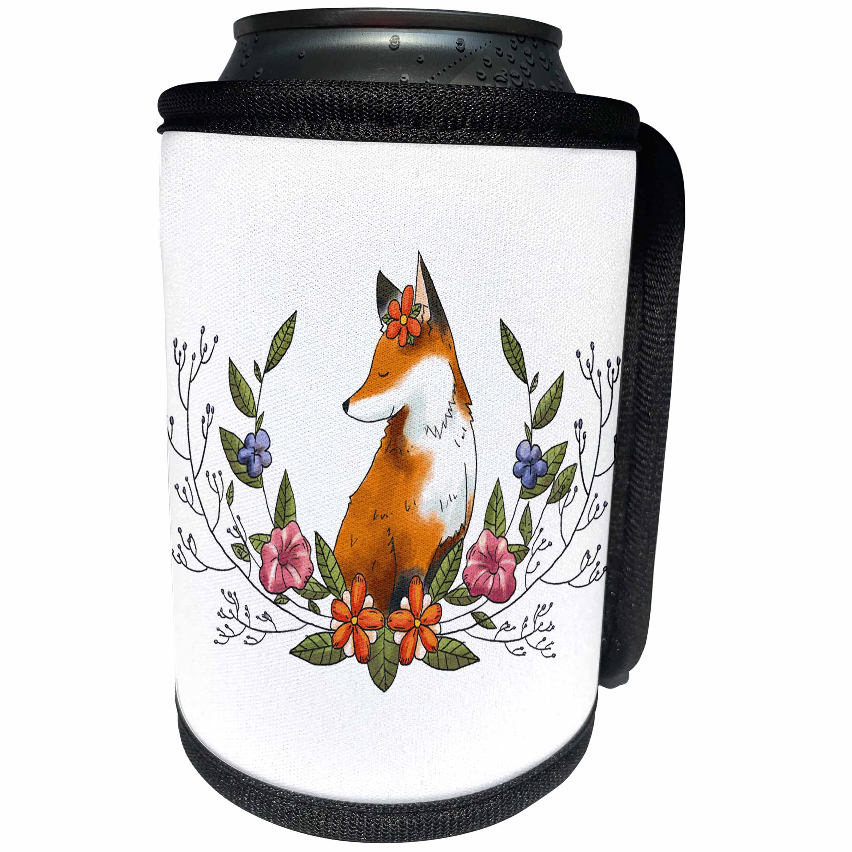 3dRose Sven Herkenrath Animal - Funny Fox Wildlife Forest Animal with Floral Blooms - Can Cooler Bottle Wrap (cc_280310)