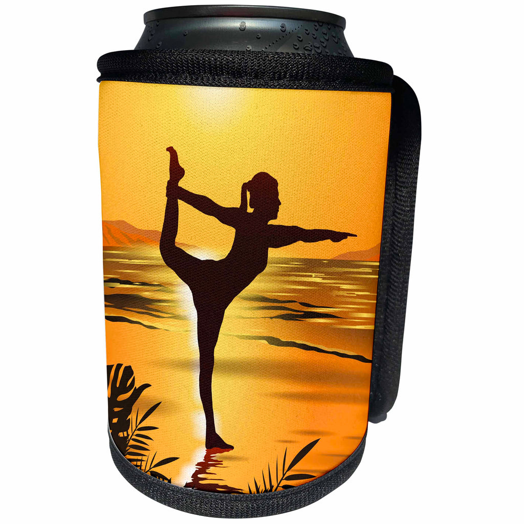 3dRose Sven Herkenrath Nature - Yoga Women with Sunset and Ocean View Holiday Sport - Can Cooler Bottle Wrap (cc_280375)