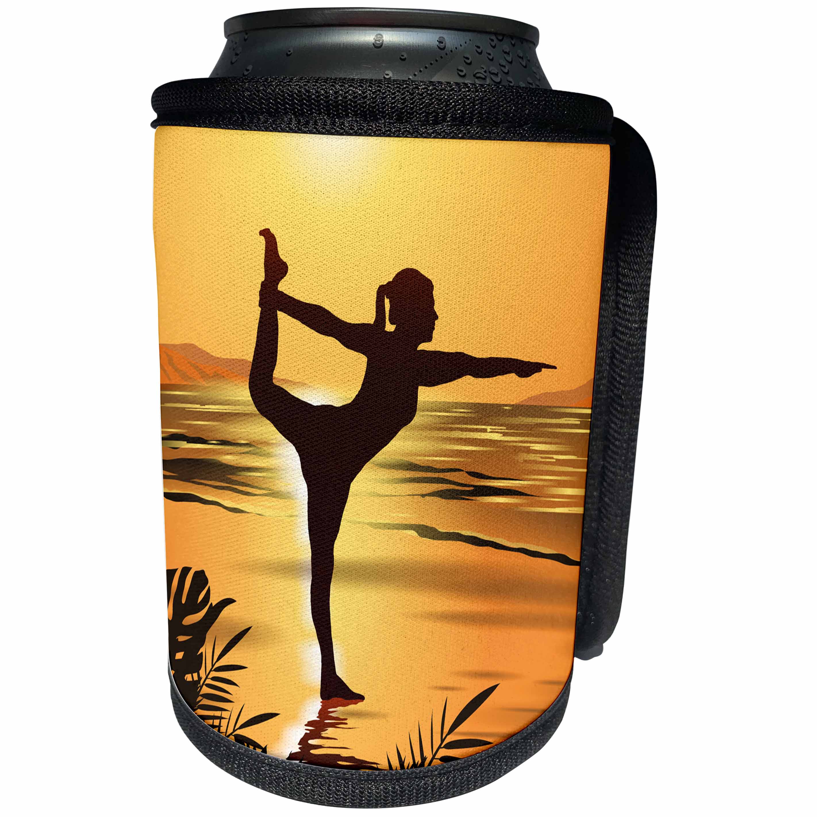 3dRose Sven Herkenrath Nature - Yoga Women with Sunset and Ocean View Holiday Sport - Can Cooler Bottle Wrap (cc_280375)