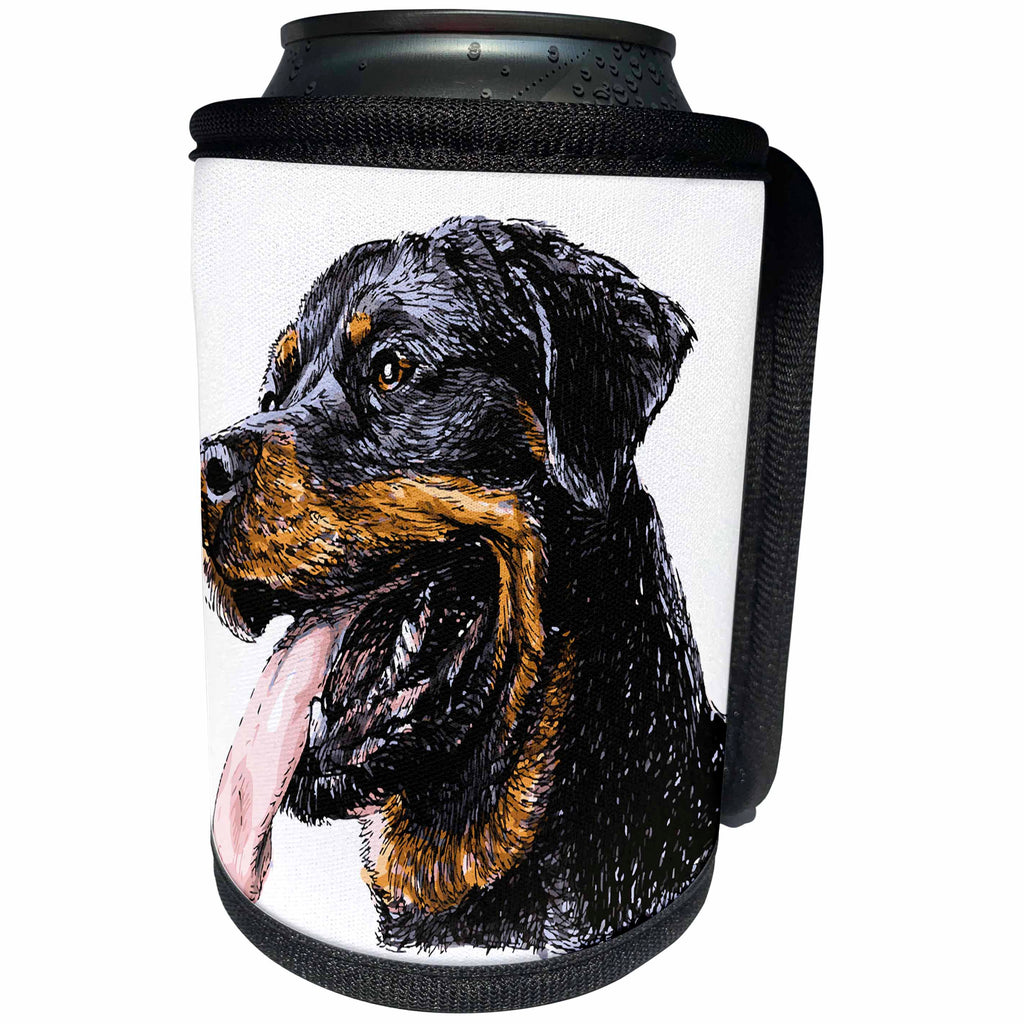 3dRose Sven Herkenrath Animal - Drawing of a Cute Rottweiler Sticking Out his Tongue - Can Cooler Bottle Wrap (cc_280378)