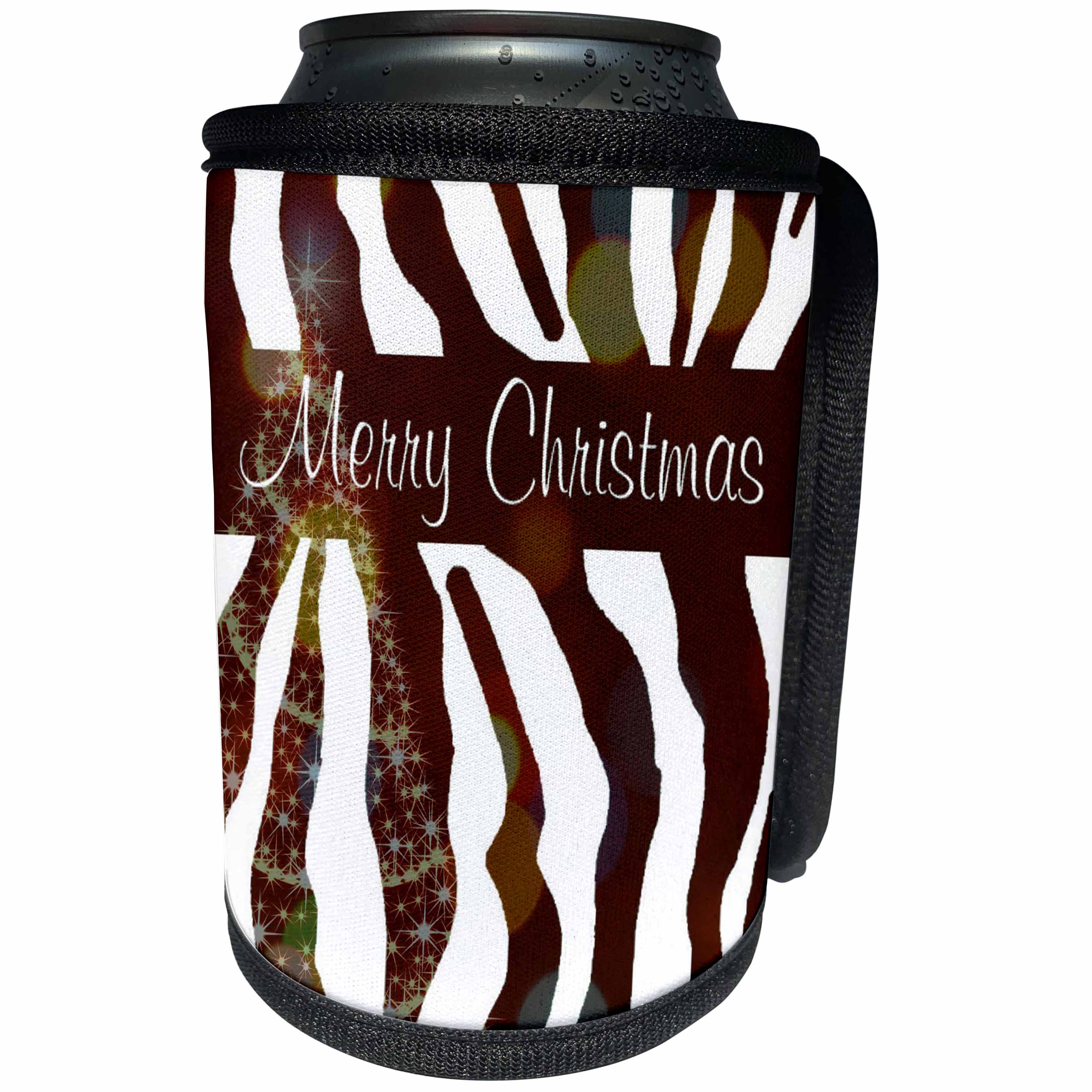 3dRose Patricia Sanders Christmas - Zebra Print Merry Christmas with Tree - Can Cooler Bottle Wrap (cc_28038)