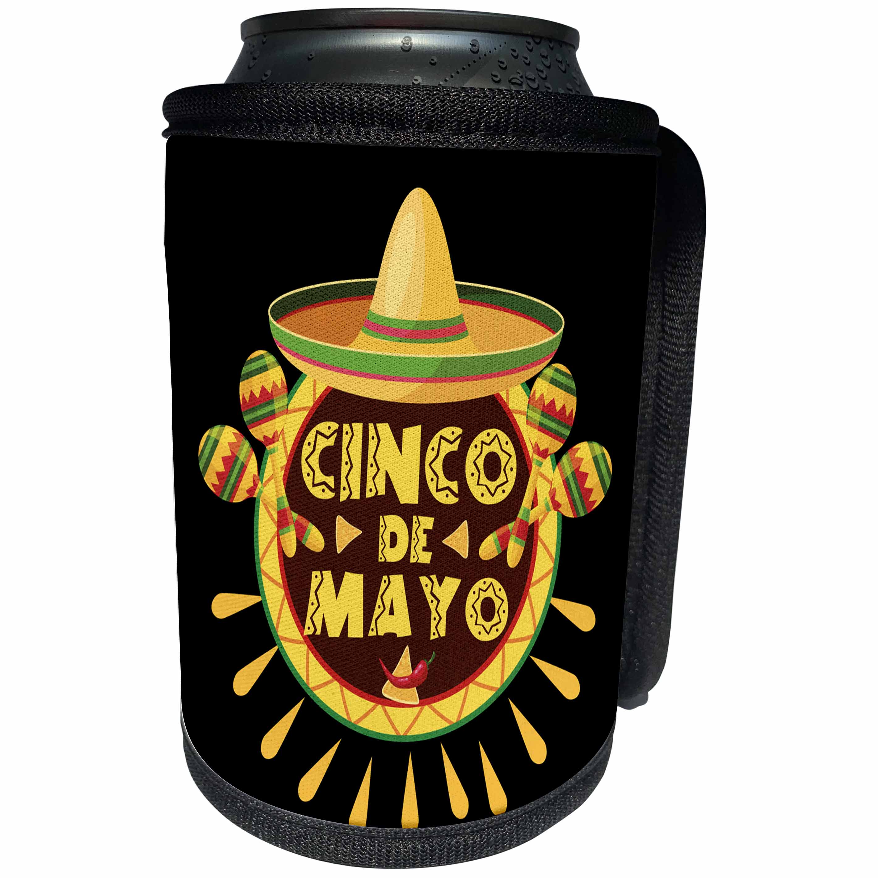 3dRose Sven Herkenrath Celebration - Cinco de Mayo Mexican Style Lettering and Sombrero on Black Background - Can Cooler Bottle Wrap (cc_280382)