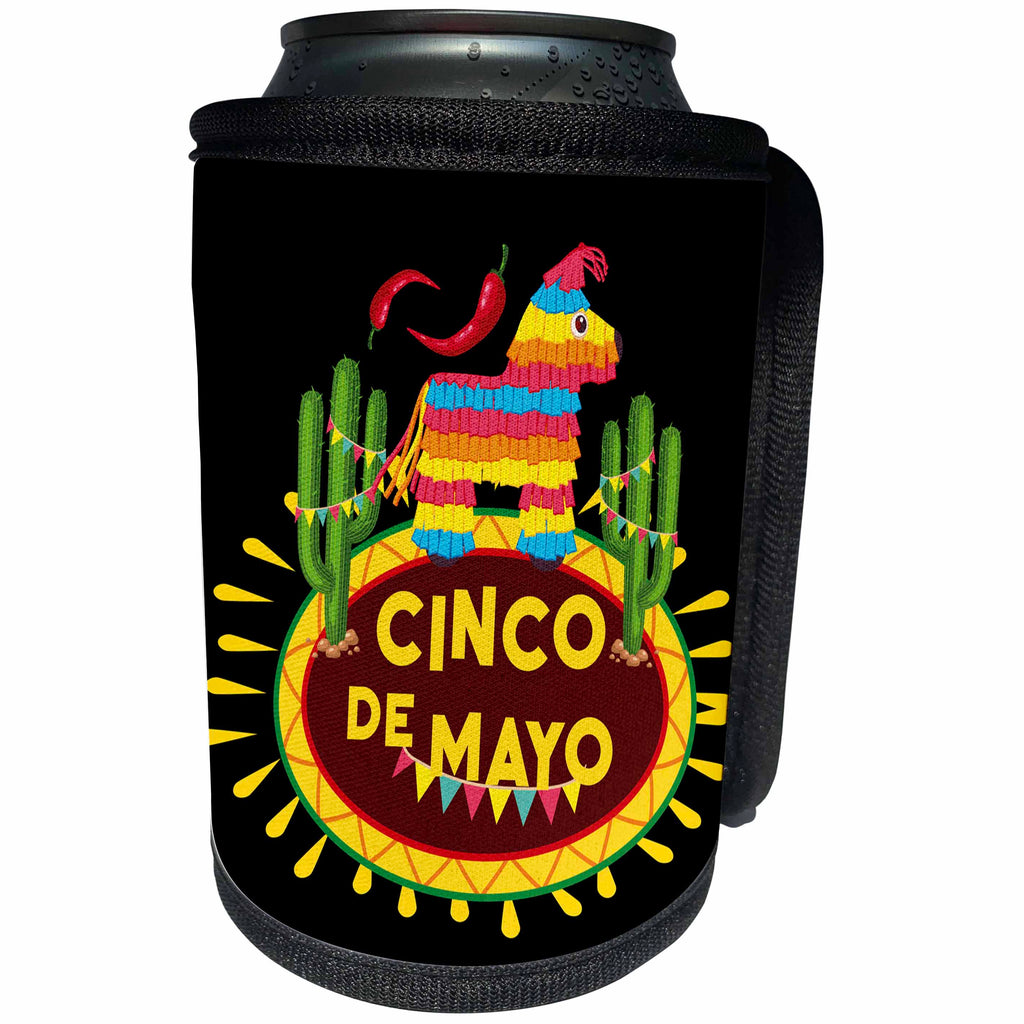 3dRose Sven Herkenrath Celebration - Cinco de Mayo Mexican Style Lettering and Pinata on Black Background - Can Cooler Bottle Wrap (cc_280383)
