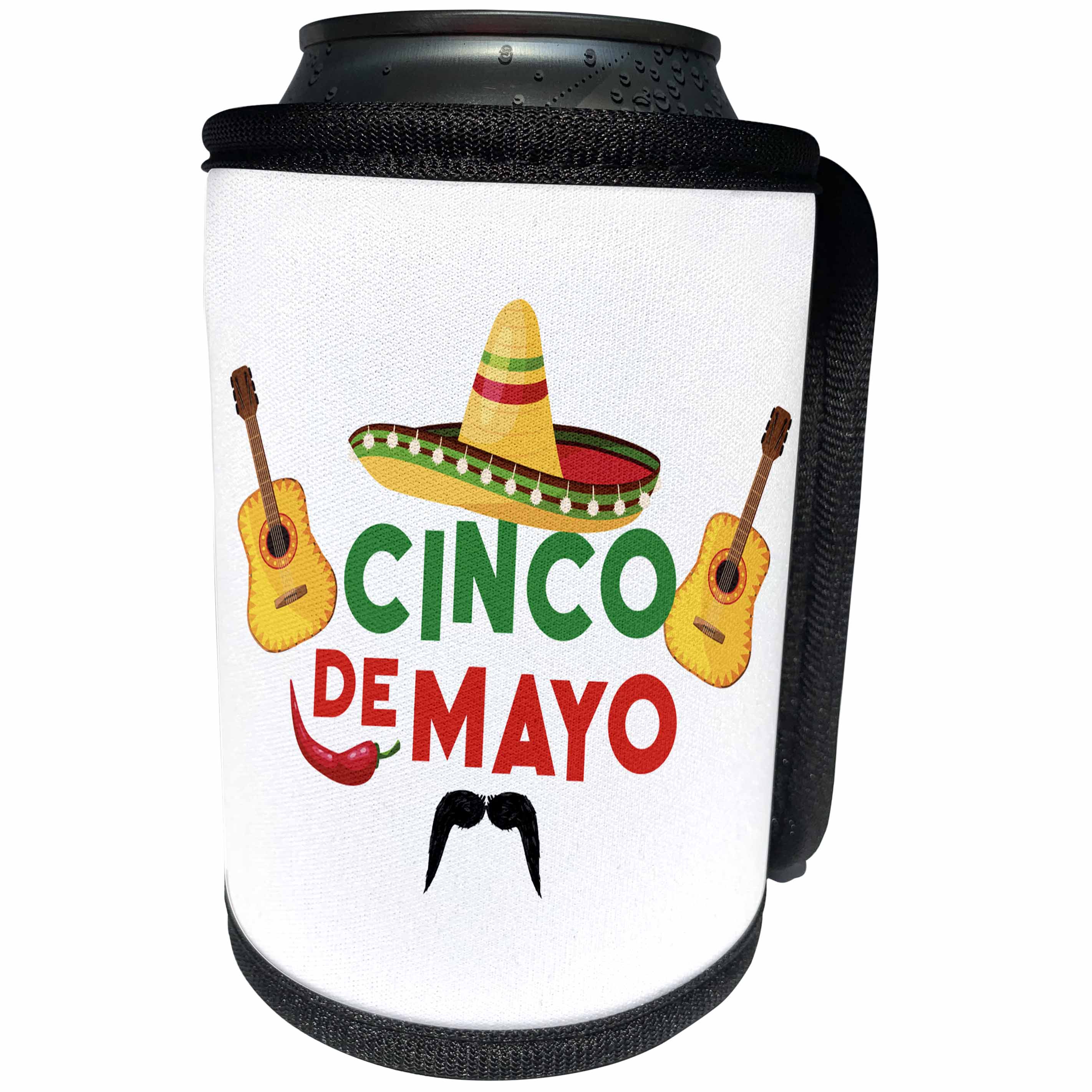 3dRose Sven Herkenrath Celebration - Cinco de Mayo Celebration Sombrero Guitars Mustache White Background - Can Cooler Bottle Wrap (cc_280384)