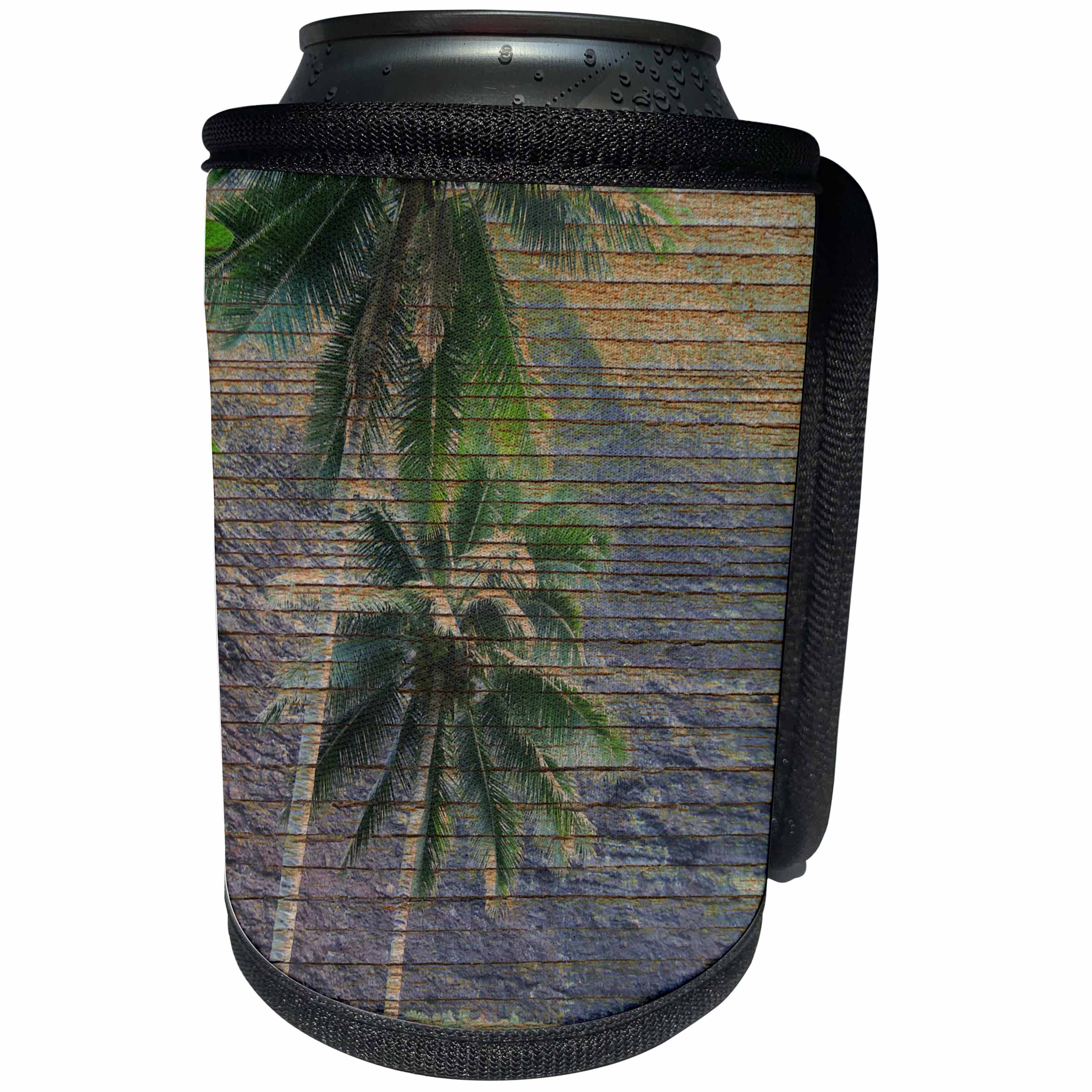 3dRose Patricia Sanders Hawaii - Wood Tropical Hawaii Palm Trees - Can Cooler Bottle Wrap (cc_28039)