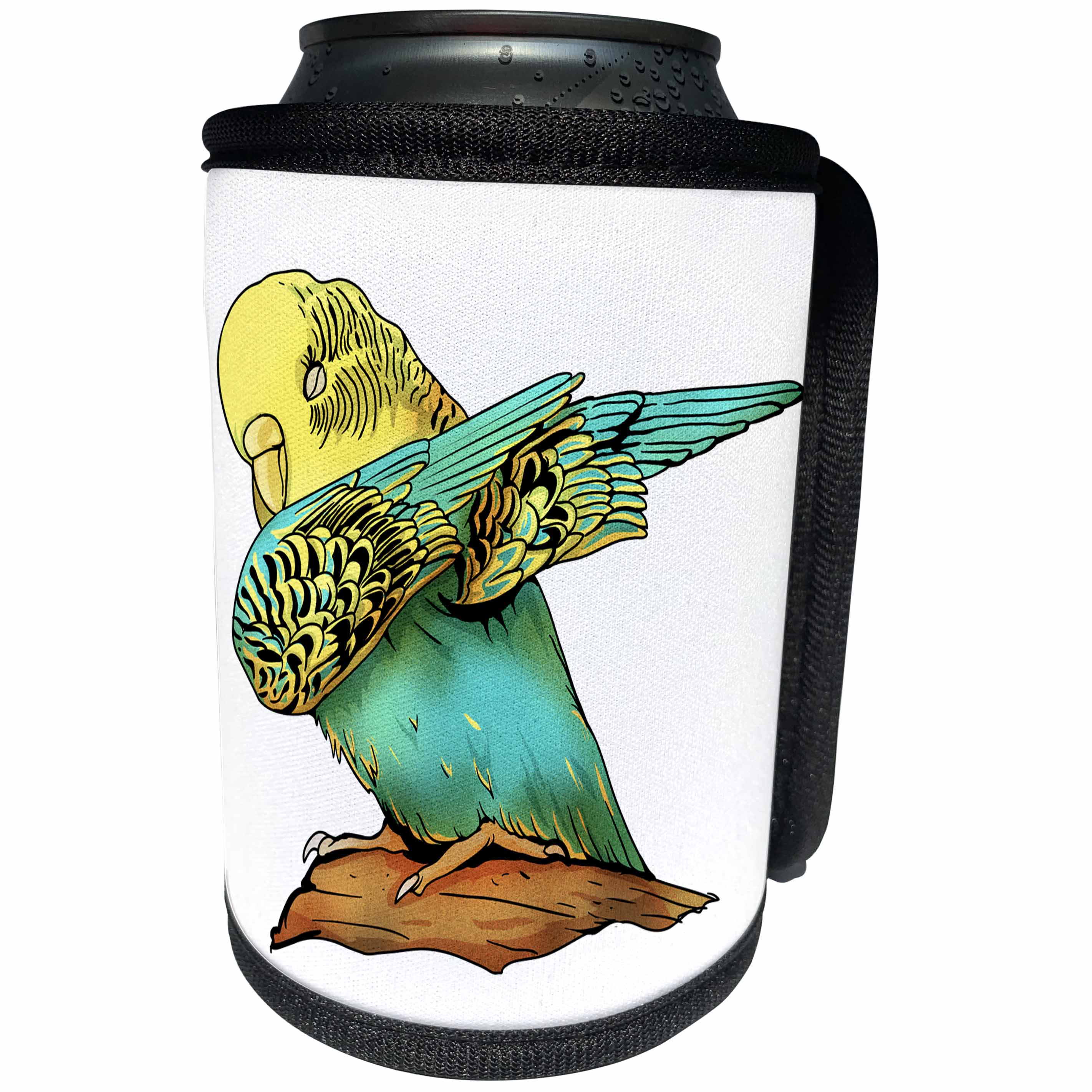 3dRose Sven Herkenrath Animal - Drawing of a Dabbing Budgie Budgerigar Sitting on a Tree Branch - Can Cooler Bottle Wrap (cc_280392)