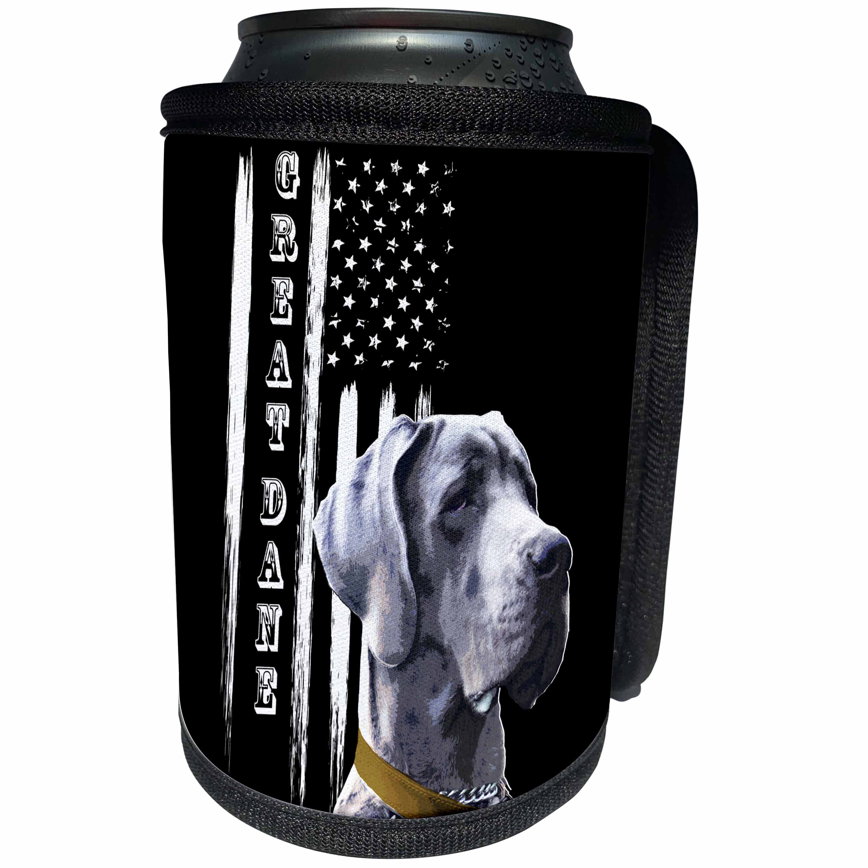 3dRose Sven Herkenrath Animal - A Funny Great Dane Dog on Black And White American Flag - Can Cooler Bottle Wrap (cc_280396)