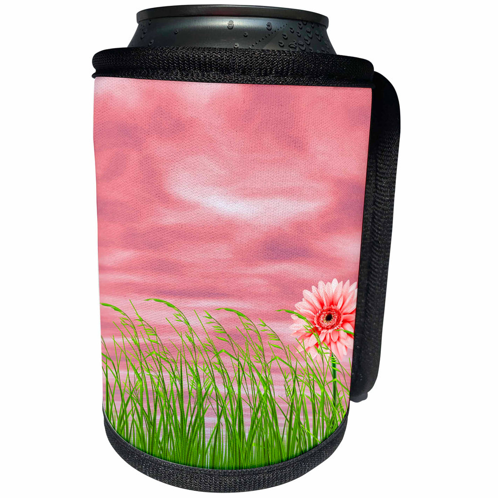 3dRose Sven Herkenrath Art - A Pretty Little Pink Flower on a Field in front of a Pink Sky - Can Cooler Bottle Wrap (cc_280404)