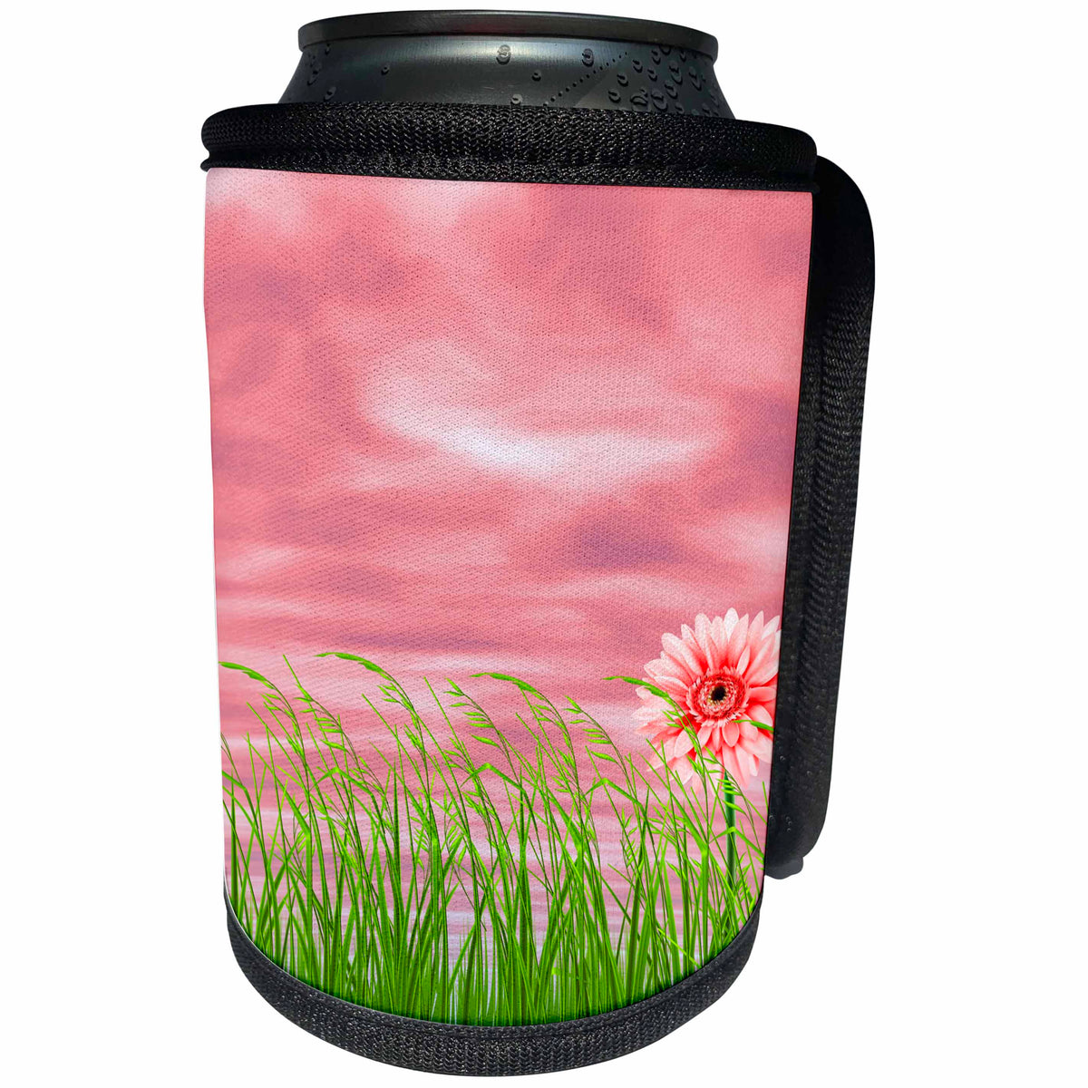 3dRose Sven Herkenrath Art - A Pretty Little Pink Flower on a Field in front of a Pink Sky - Can Cooler Bottle Wrap (cc_280404)