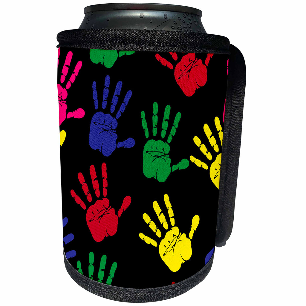 3dRose Sven Herkenrath Art - Colorful Hand Prints on Black Background Trendy Work - Can Cooler Bottle Wrap (cc_280415)