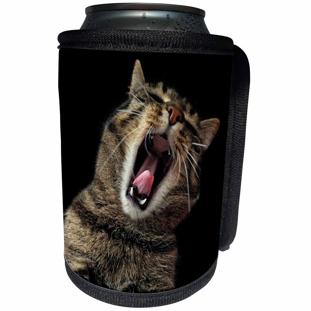 3dRose Sven Herkenrath Animal - Funny and Cute Yawning Cat on Black Background - Can Cooler Bottle Wrap (cc_280444)