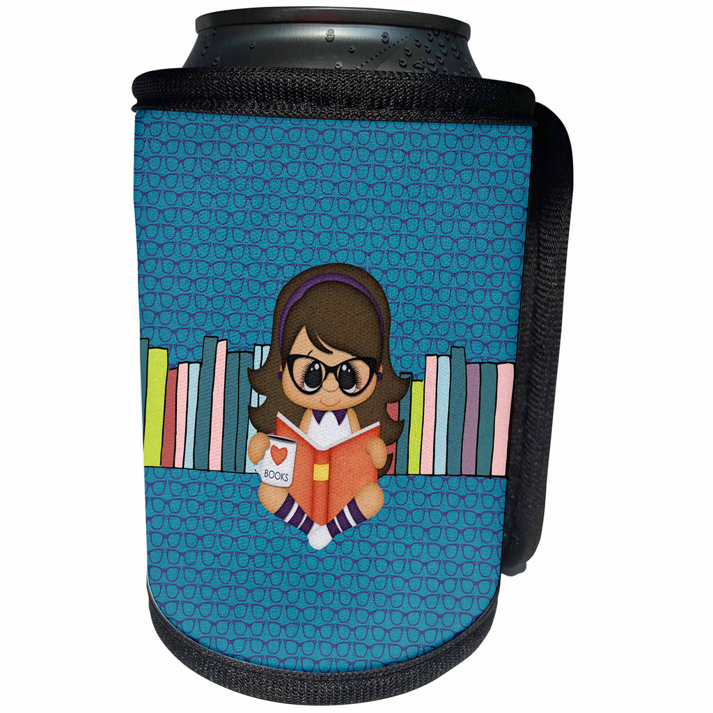 3dRose Beverly Turner Design - Girl Wearing Glasses Reading a Book, Books and Glasses Background - Can Cooler Bottle Wrap (cc_280542)