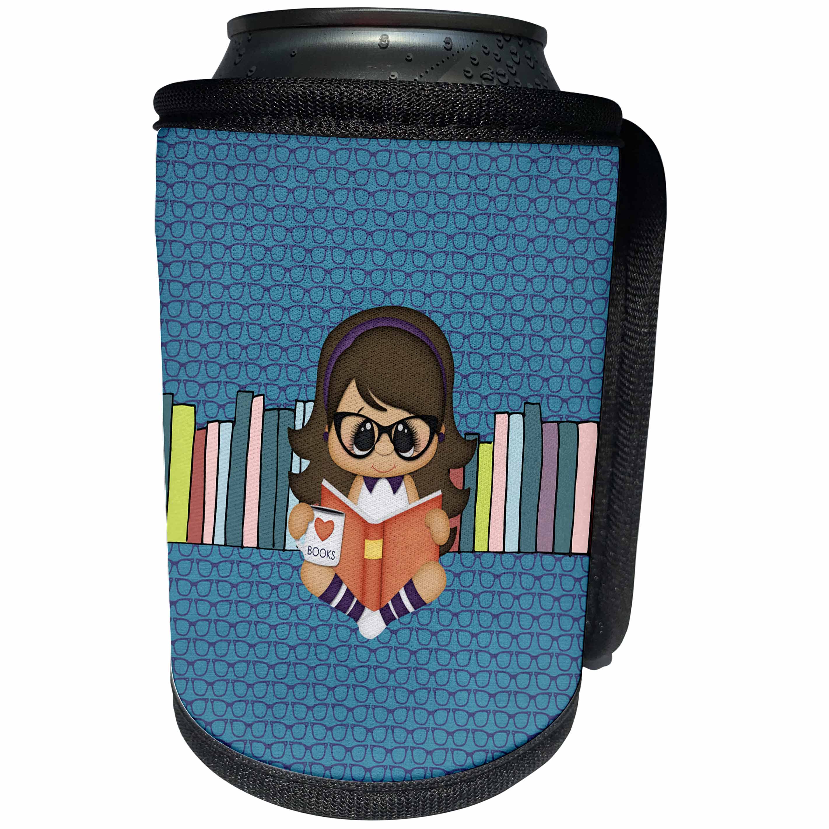 3dRose Beverly Turner Design - Girl Wearing Glasses Reading a Book, Books and Glasses Background - Can Cooler Bottle Wrap (cc_280542)