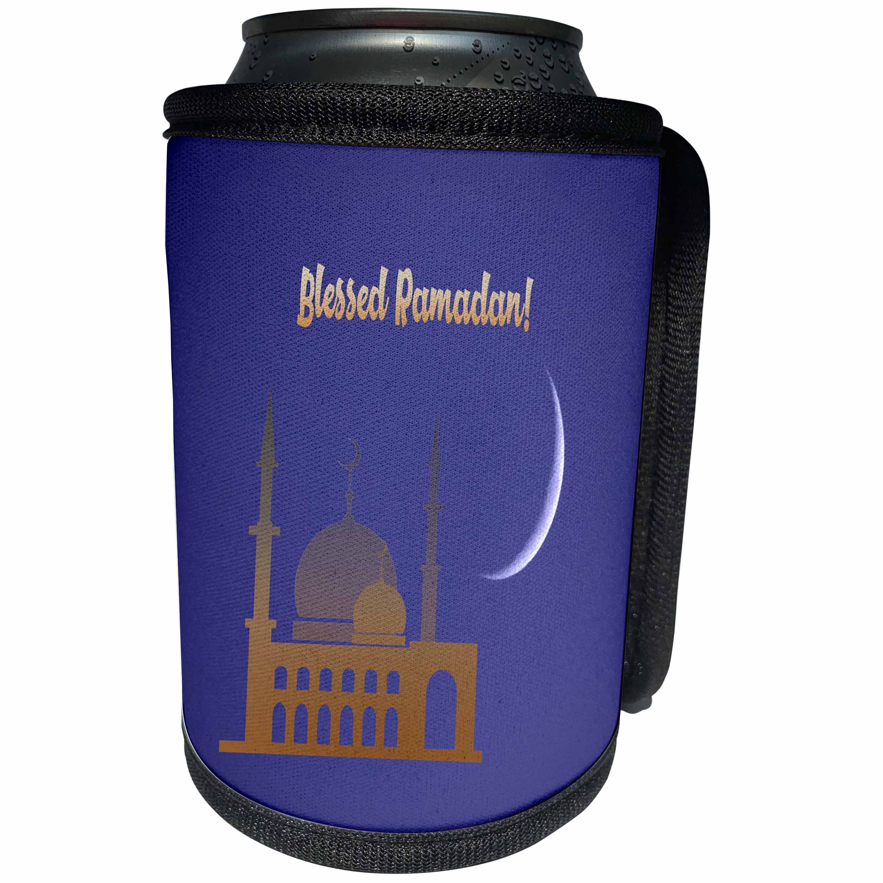 3dRose Beverly Turner Ramadan Design - Orange Temples on Purple, Crescent Moon, Blessed Ramadan - Can Cooler Bottle Wrap (cc_280555)