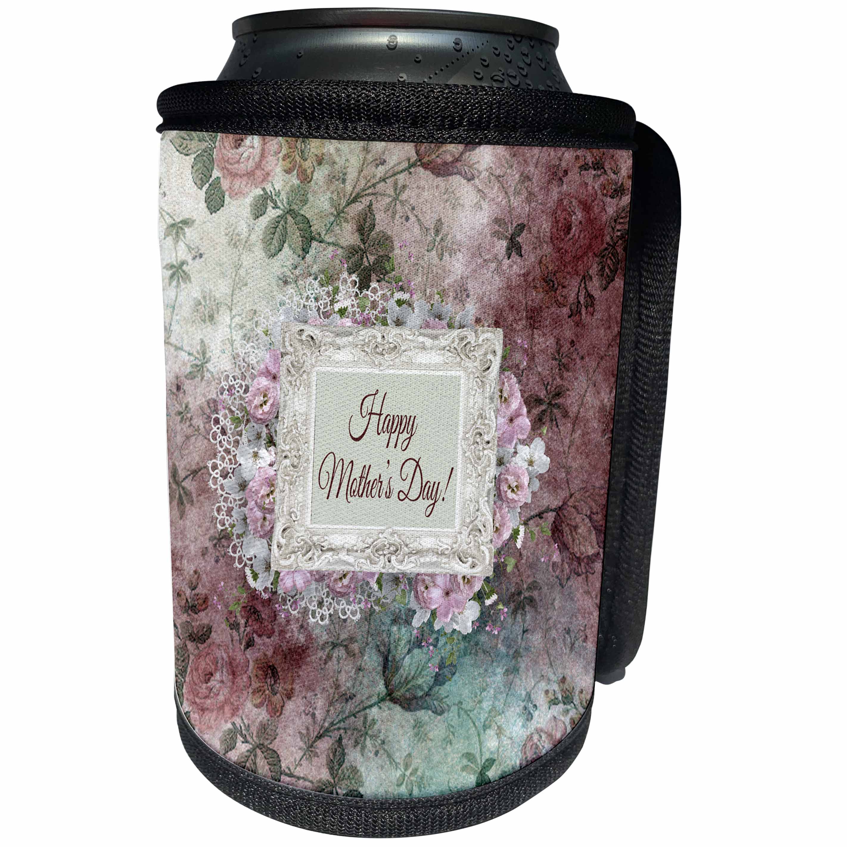 3dRose Beverly Turner Mothers Day Design - Beautiful Lace and Rose Frame, Happy Mothers Day, Rose Background - Can Cooler Bottle Wrap (cc_280557)