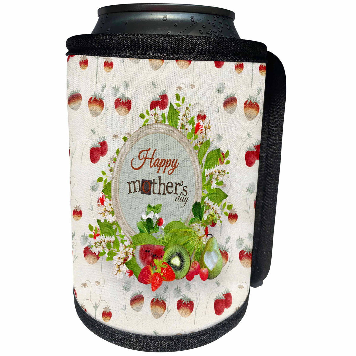 3dRose Beverly Turner Mothers Day Design - Happy Mothers Day, Strawberries, Watermelon, Kiwi, Strawberry Design - Can Cooler Bottle Wrap (cc_280559)