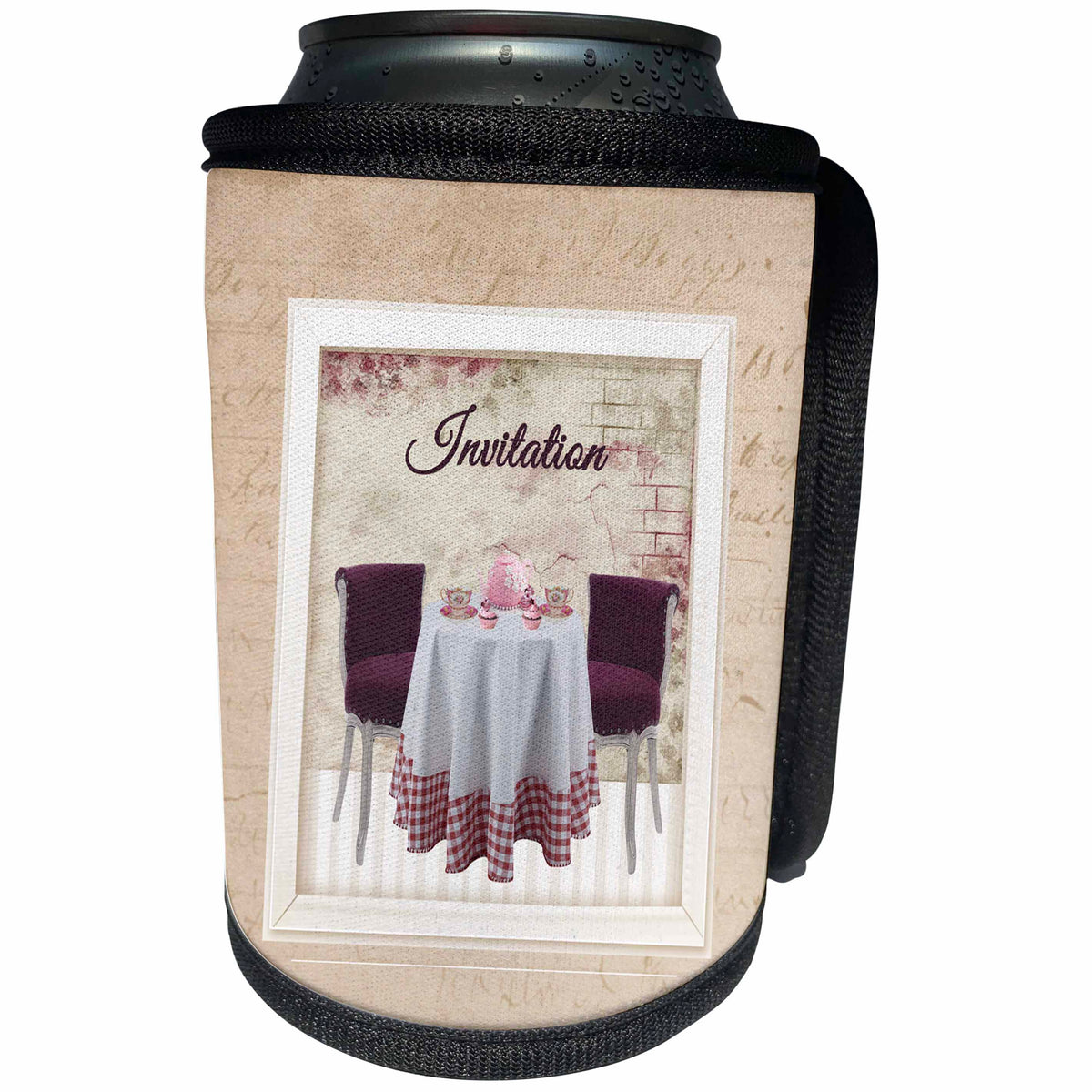 3dRose Beverly Turner Invitation Design - Invitation, Table, Chairs, Teapot, and Teacups in Room, Red and Pink - Can Cooler Bottle Wrap (cc_280566)