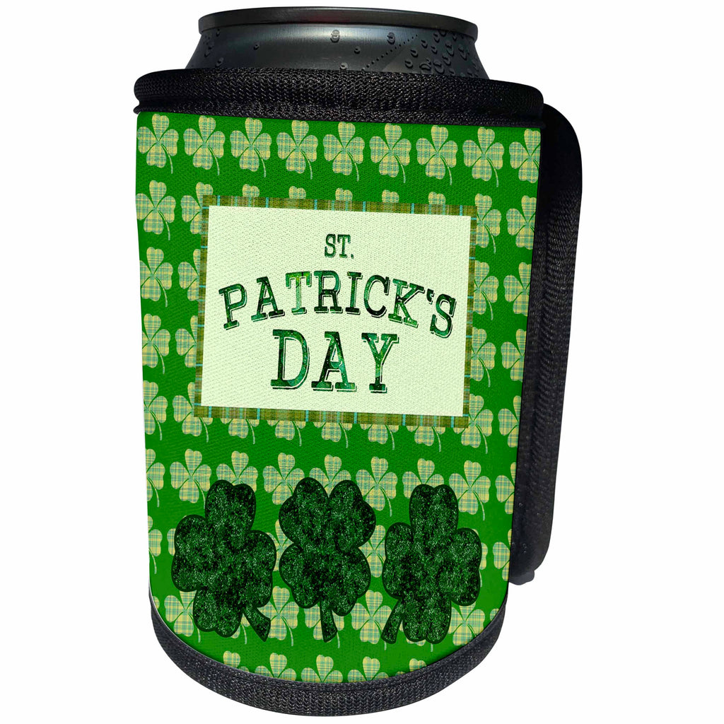 3dRose Beverly Turner St Patrick Day Design - St Patrick Day, Three Four Leaf Clover, Plaid Four Leaf Clover Design - Can Cooler Bottle Wrap (cc_280569)