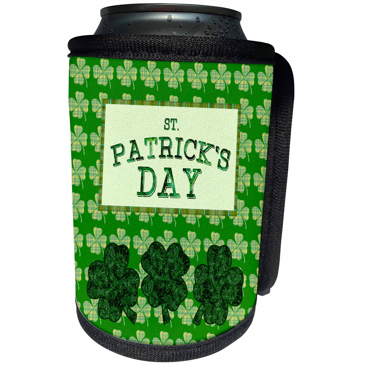 3dRose Beverly Turner St Patrick Day Design - St Patrick Day, Three Four Leaf Clover, Plaid Four Leaf Clover Design - Can Cooler Bottle Wrap (cc_280569)