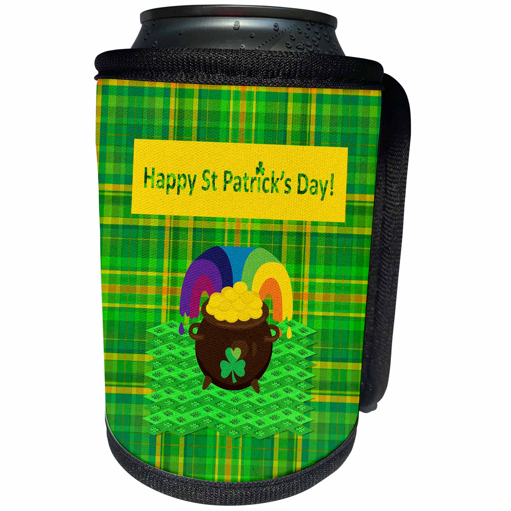 3dRose Beverly Turner St Patrick Day Design - Happy St Patrick Day, Pot of Gold on Four Leaf Clover Design, Plaid - Can Cooler Bottle Wrap (cc_280570)