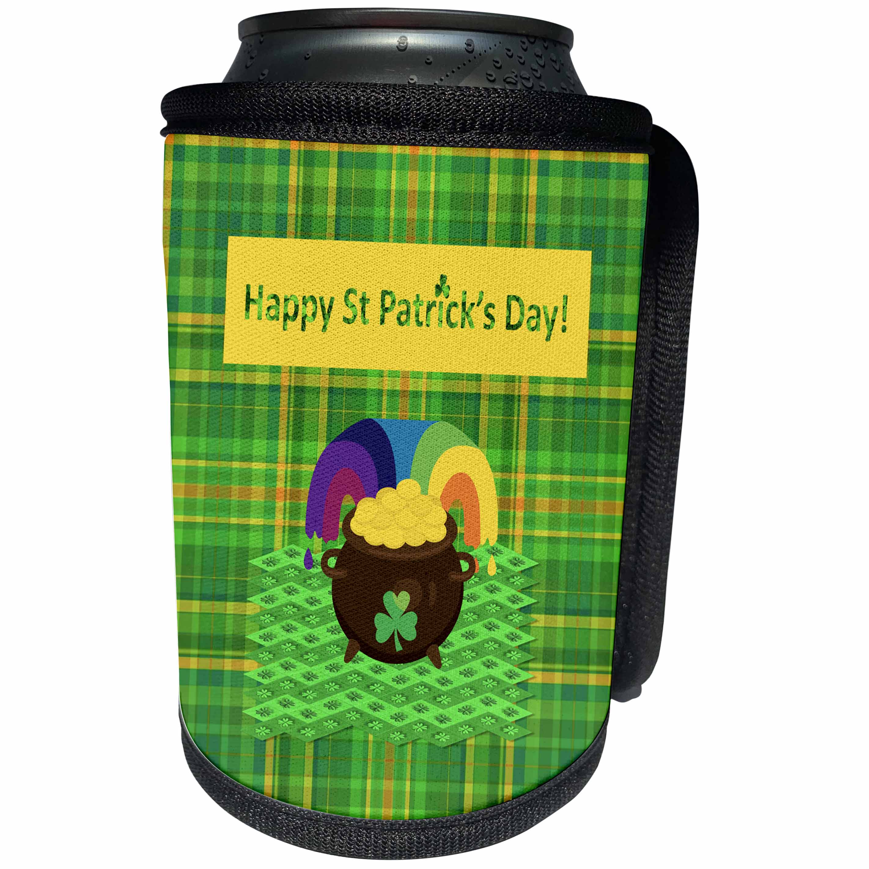 3dRose Beverly Turner St Patrick Day Design - Happy St Patrick Day, Pot of Gold on Four Leaf Clover Design, Plaid - Can Cooler Bottle Wrap (cc_280570)