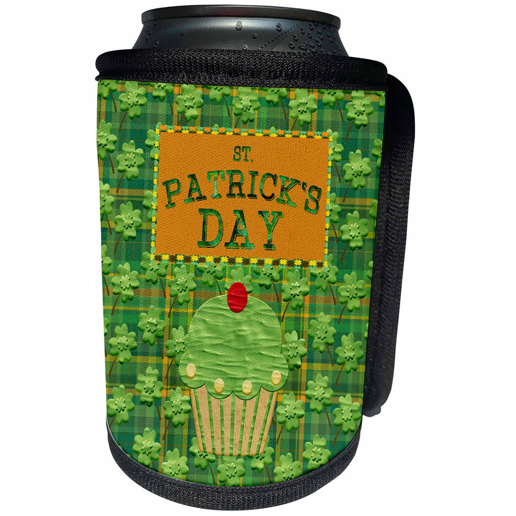3dRose Beverly Turner St Patrick Day Design - St Patrick Day Cup Cake, Cherry on Top, Four Leaf Clover Plaid Design - Can Cooler Bottle Wrap (cc_280571)