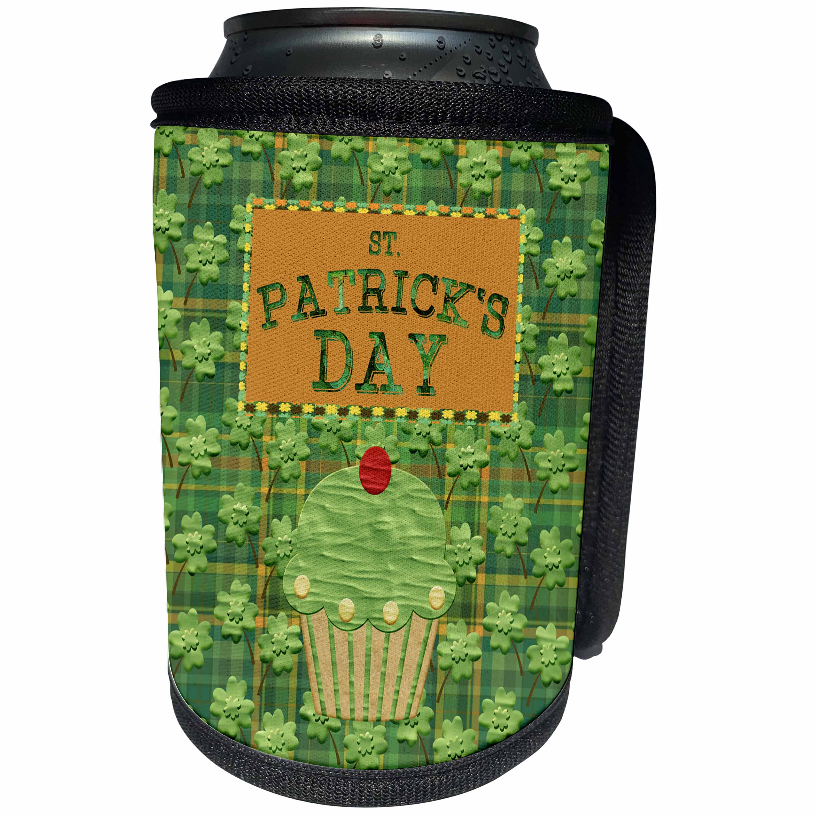 3dRose Beverly Turner St Patrick Day Design - St Patrick Day Cup Cake, Cherry on Top, Four Leaf Clover Plaid Design - Can Cooler Bottle Wrap (cc_280571)