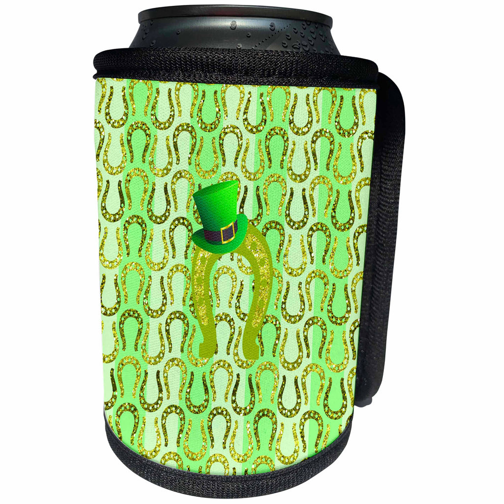 3dRose Beverly Turner St Patrick Day Design - Lucky Horseshoe with Green Top Hat, Horseshoe Background, Green Gold - Can Cooler Bottle Wrap (cc_280572)