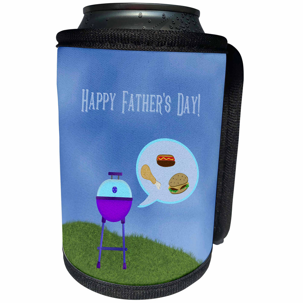 3dRose Beverly Turner Fathers Day Design - Barbecue Grill Thinking about Hot dogs, Chicken Drumstick, and Hamburger - Can Cooler Bottle Wrap (cc_280576)