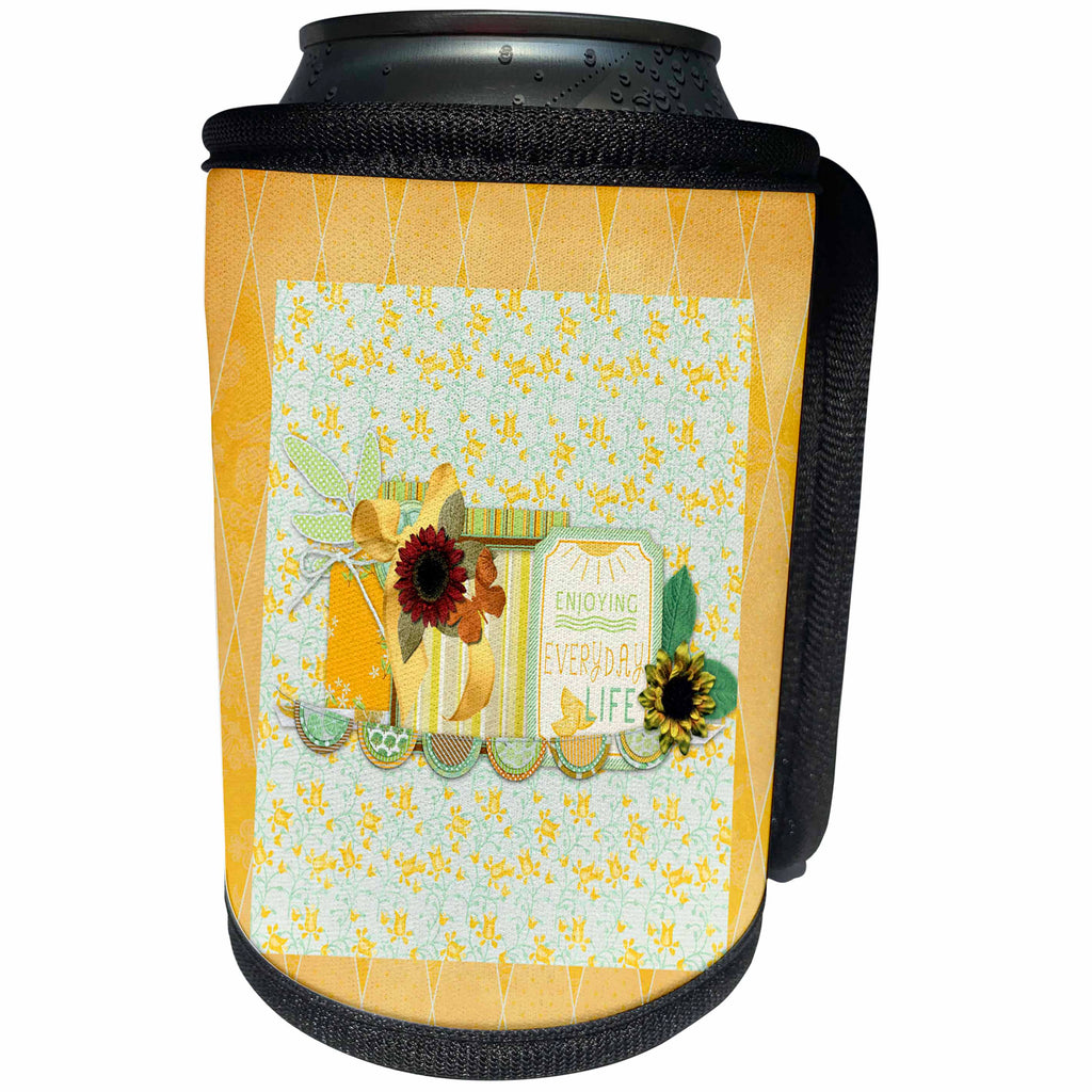 3dRose Beverly Turner Design - Enjoying Everyday Life, Sunshine, Sunflower, Bow, Flag, Butterfly - Can Cooler Bottle Wrap (cc_280582)