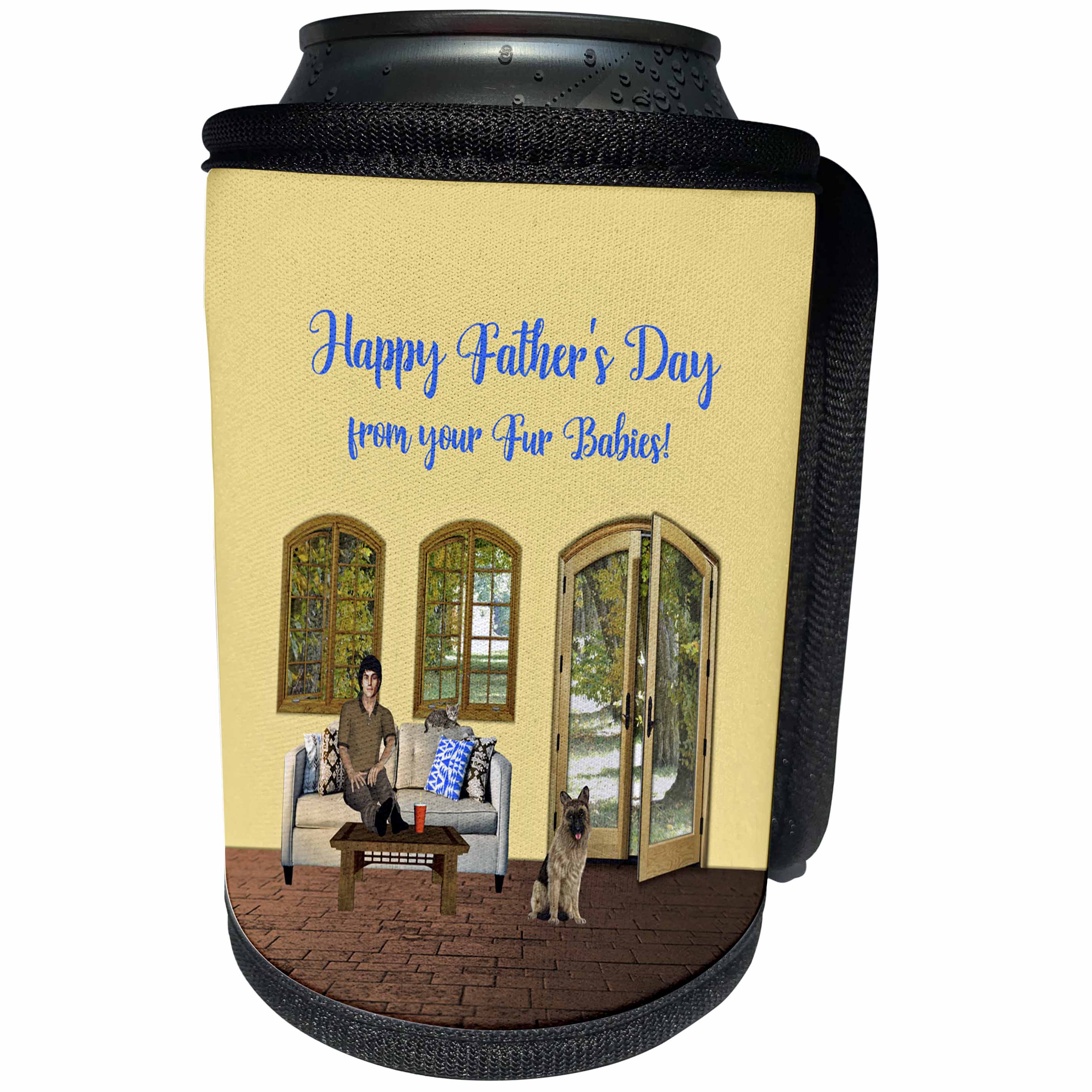 3dRose Beverly Turner Fathers Day Design - Fathers Day from Fur Babies, Man on Couch with Cat, Dog by Door - Can Cooler Bottle Wrap (cc_280584)