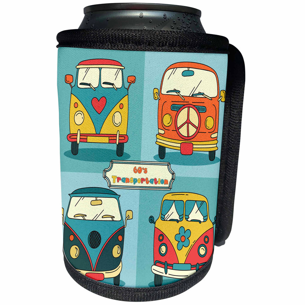 3dRose TNMGraphics Retro Designs - Four Sixties Vans for Hippies Retro Colors - Can Cooler Bottle Wrap (cc_280614)