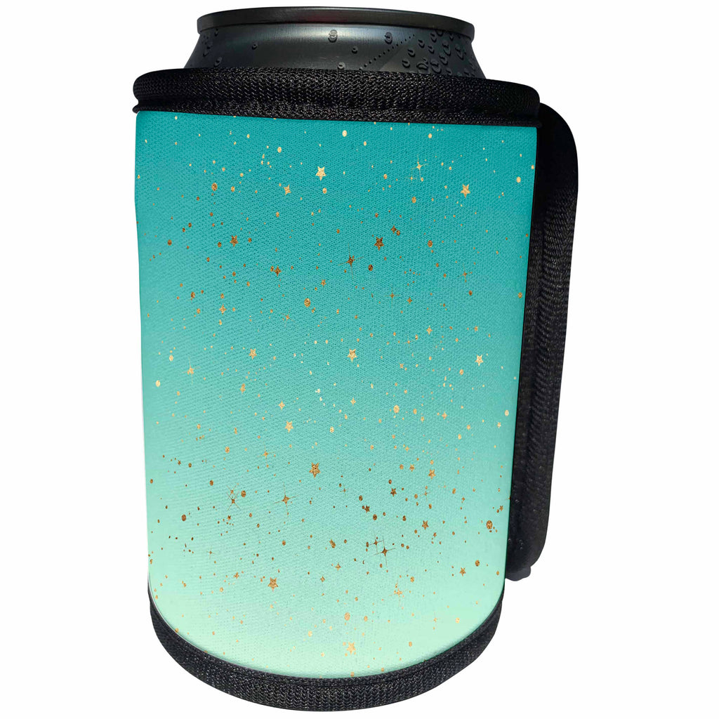 3dRose PS Glam - Image of Mint Green Gold Stars Confetti Ombre - Can Cooler Bottle Wrap (cc_280733)