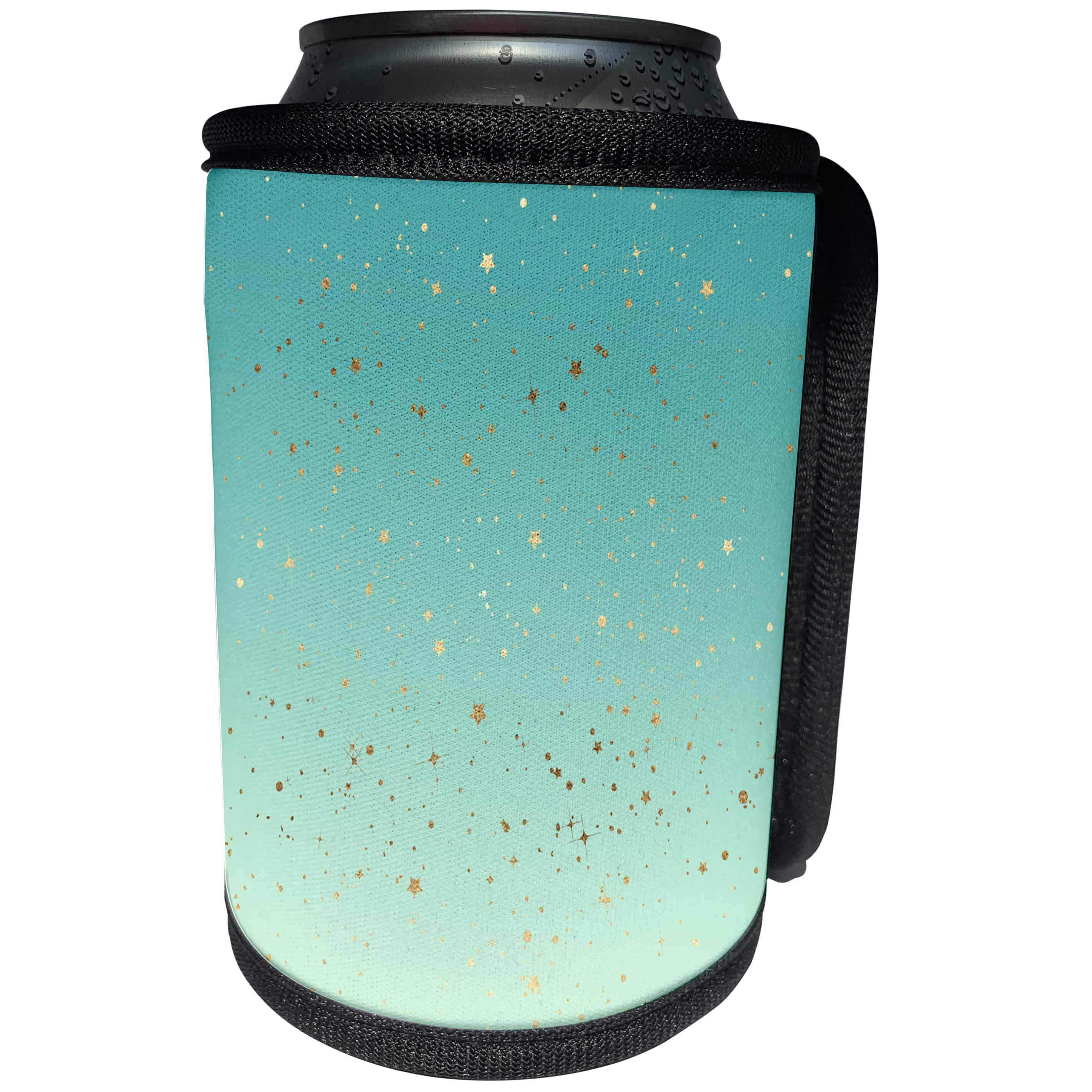 3dRose PS Glam - Image of Mint Green Gold Stars Confetti Ombre - Can Cooler Bottle Wrap (cc_280733)
