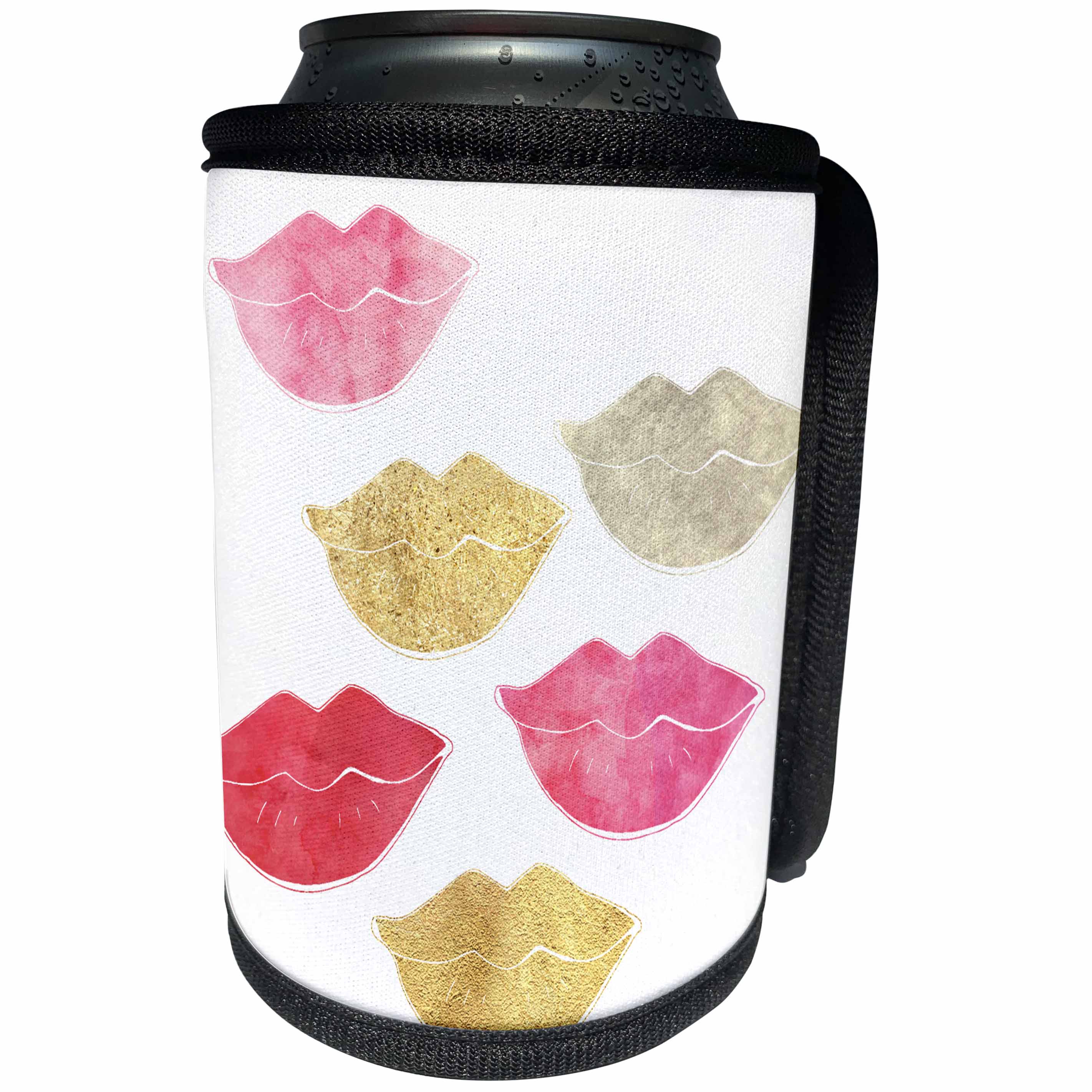 3dRose PS Glam - Gold Pink Silver Red Lips - Can Cooler Bottle Wrap (cc_280741)