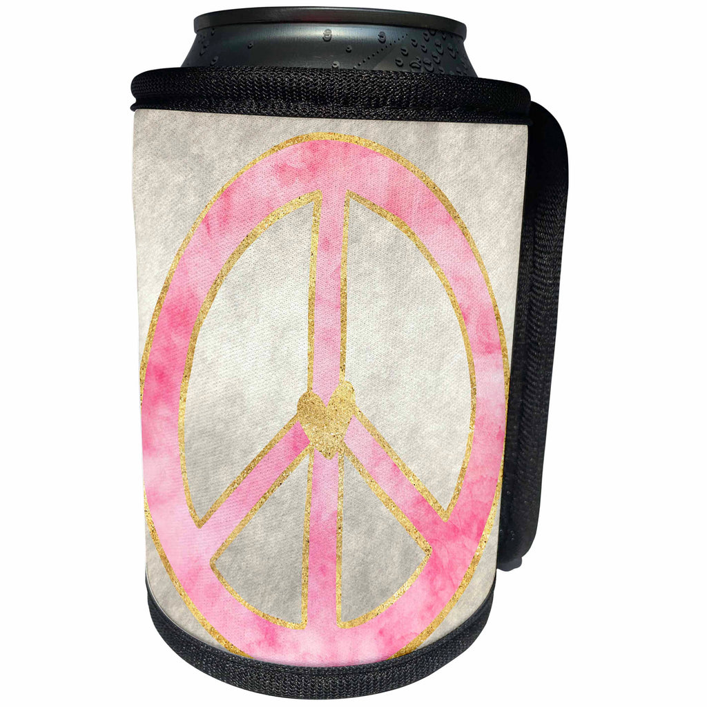 3dRose PS Inspiration - Pink Gold Watercolor Heart Peace Sign - Can Cooler Bottle Wrap (cc_280751)