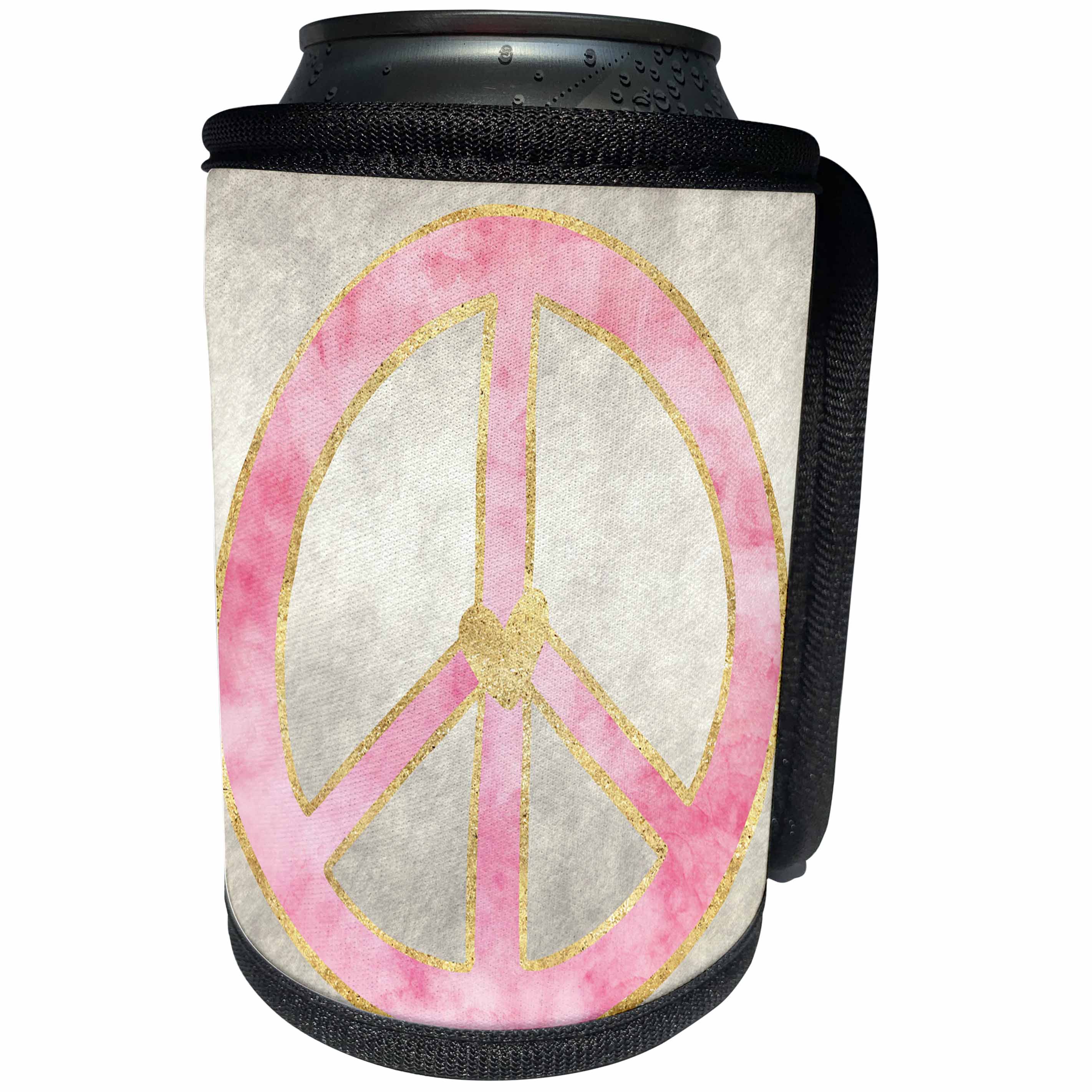 3dRose PS Inspiration - Pink Gold Watercolor Heart Peace Sign - Can Cooler Bottle Wrap (cc_280751)