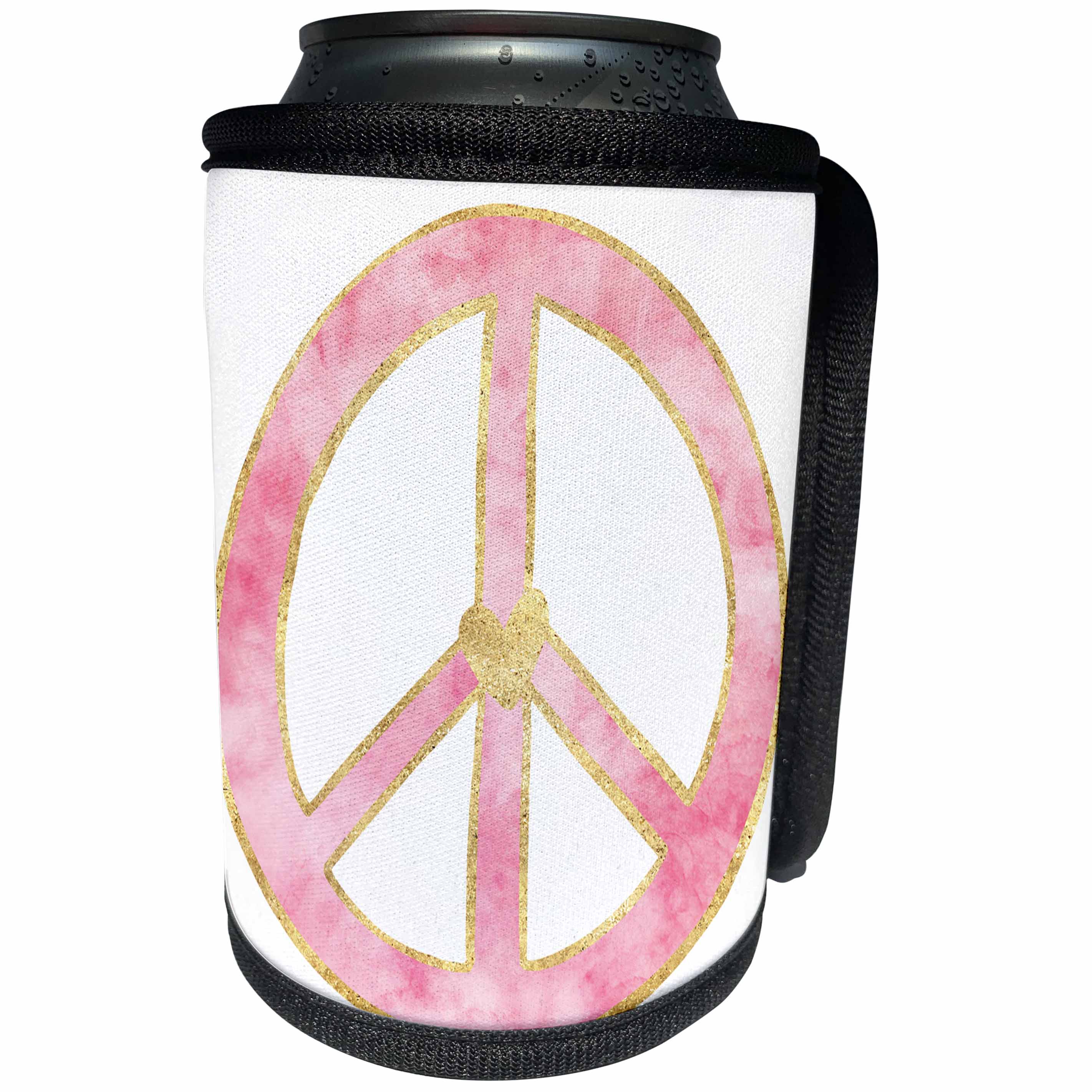 3dRose PS Inspiration - Girly Pink Watercolor Gold Heart Peace Sign - Can Cooler Bottle Wrap (cc_280752)