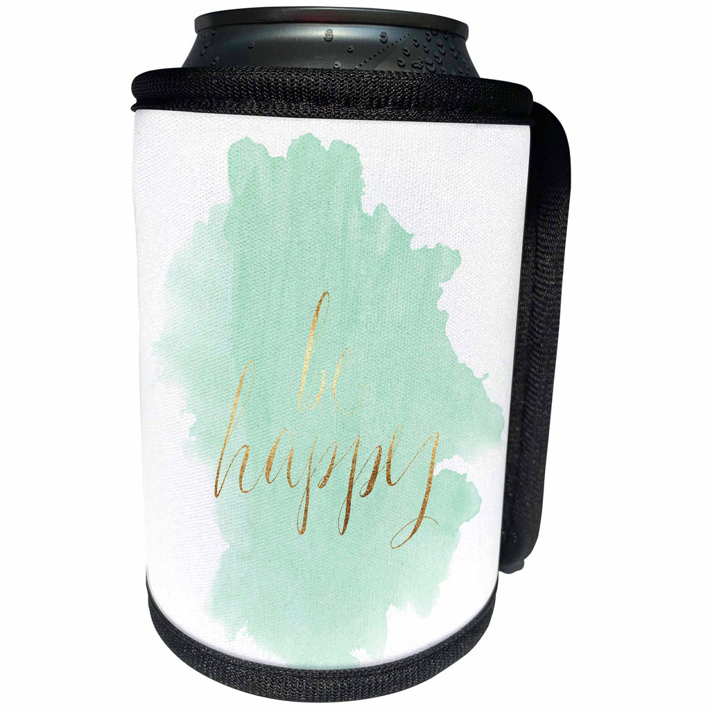 3dRose PS Inspiration - Mint Watercolor Gold Be Happy - Can Cooler Bottle Wrap (cc_280769)