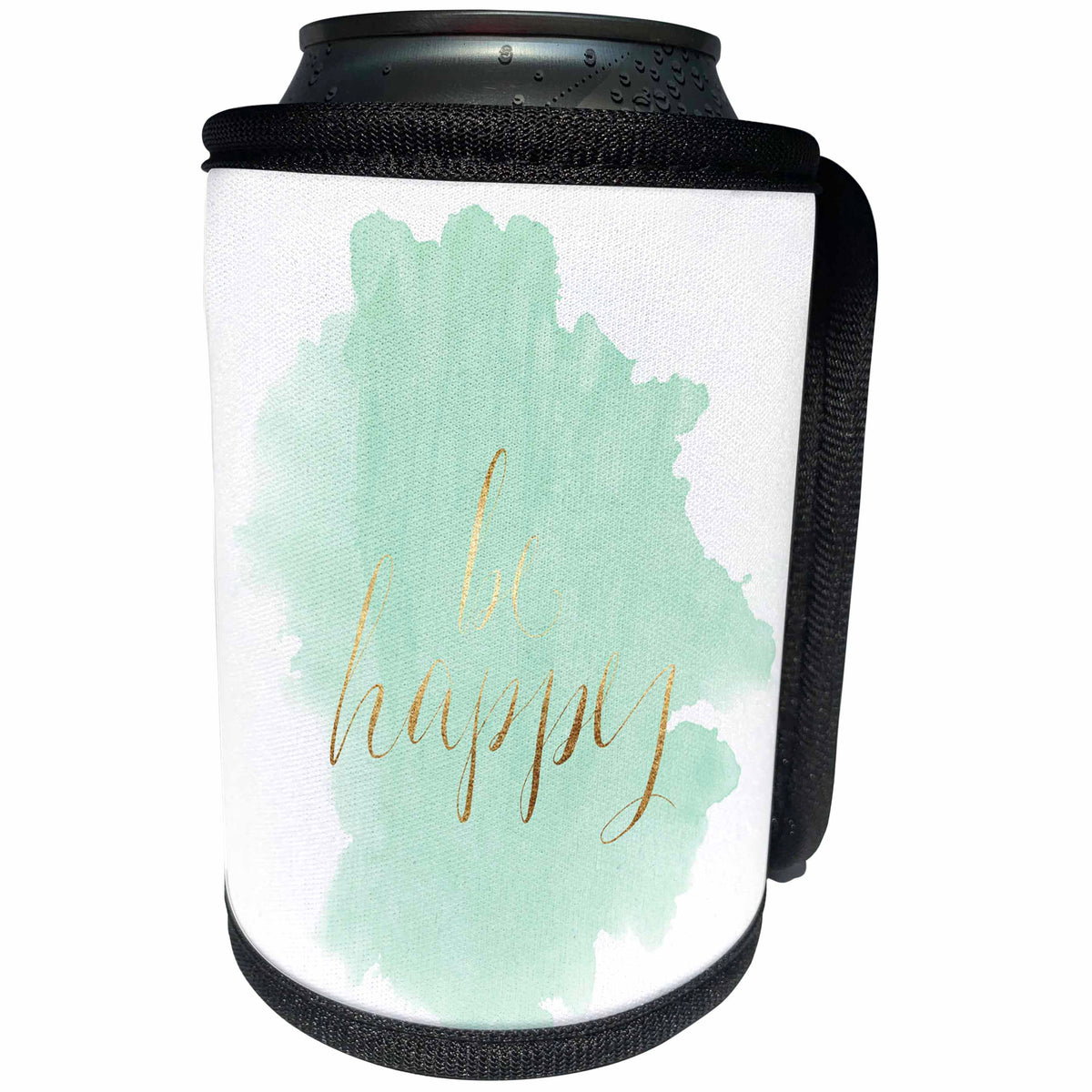 3dRose PS Inspiration - Mint Watercolor Gold Be Happy - Can Cooler Bottle Wrap (cc_280769)