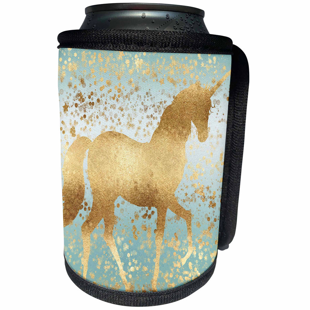 3dRose PS Animals - Image of Aqua Gold Stars Confetti Unicorn - Can Cooler Bottle Wrap (cc_280778)