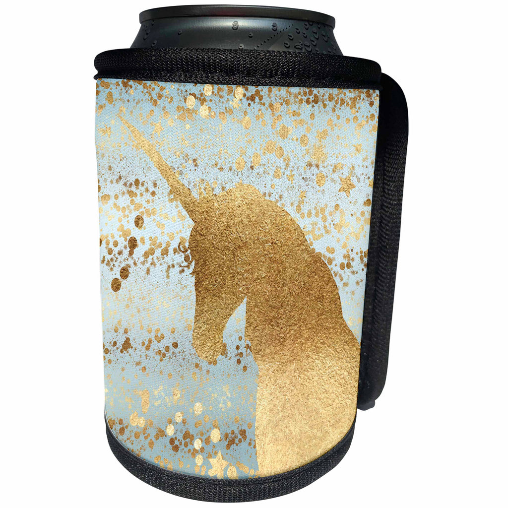 3dRose PS Animals - Image of Gold Aqua Glitzy Confetti Stars Sparkle Unicorn - Can Cooler Bottle Wrap (cc_280779)